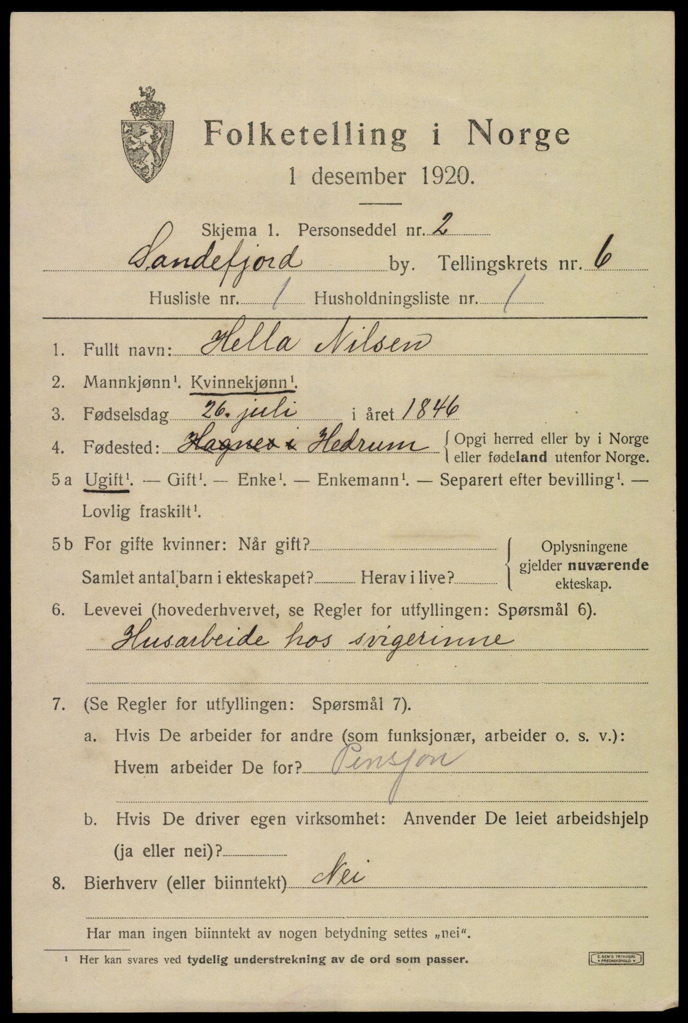 SAKO, 1920 census for Sandefjord, 1920, p. 9440