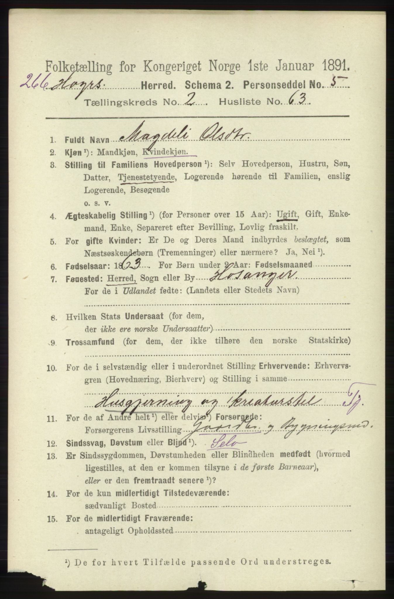 RA, 1891 census for 1253 Hosanger, 1891, p. 952