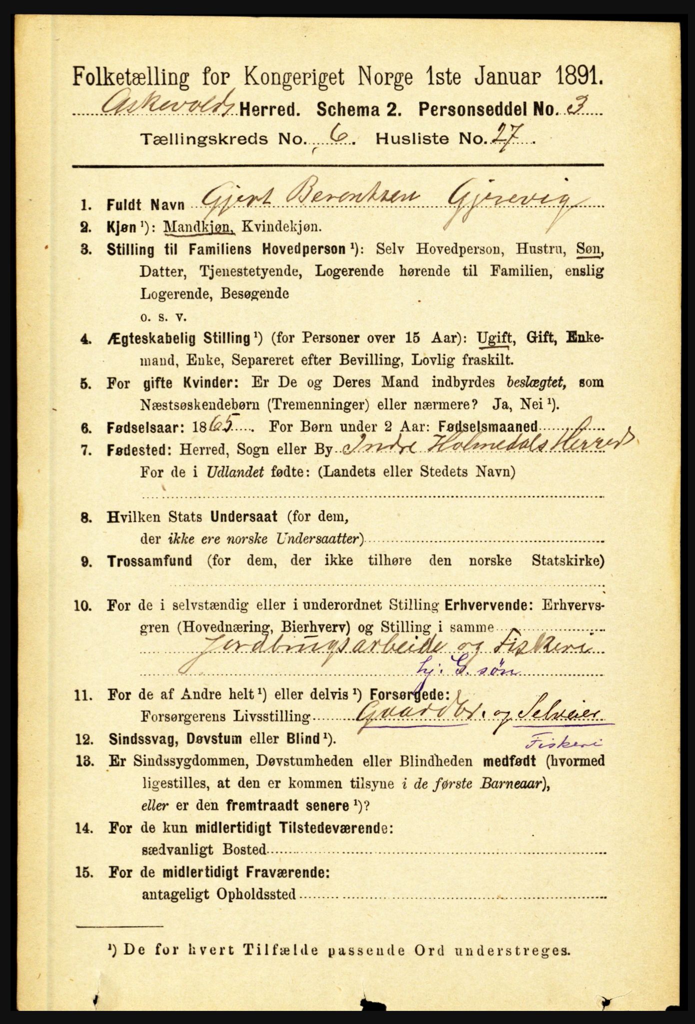 RA, 1891 census for 1428 Askvoll, 1891, p. 1845