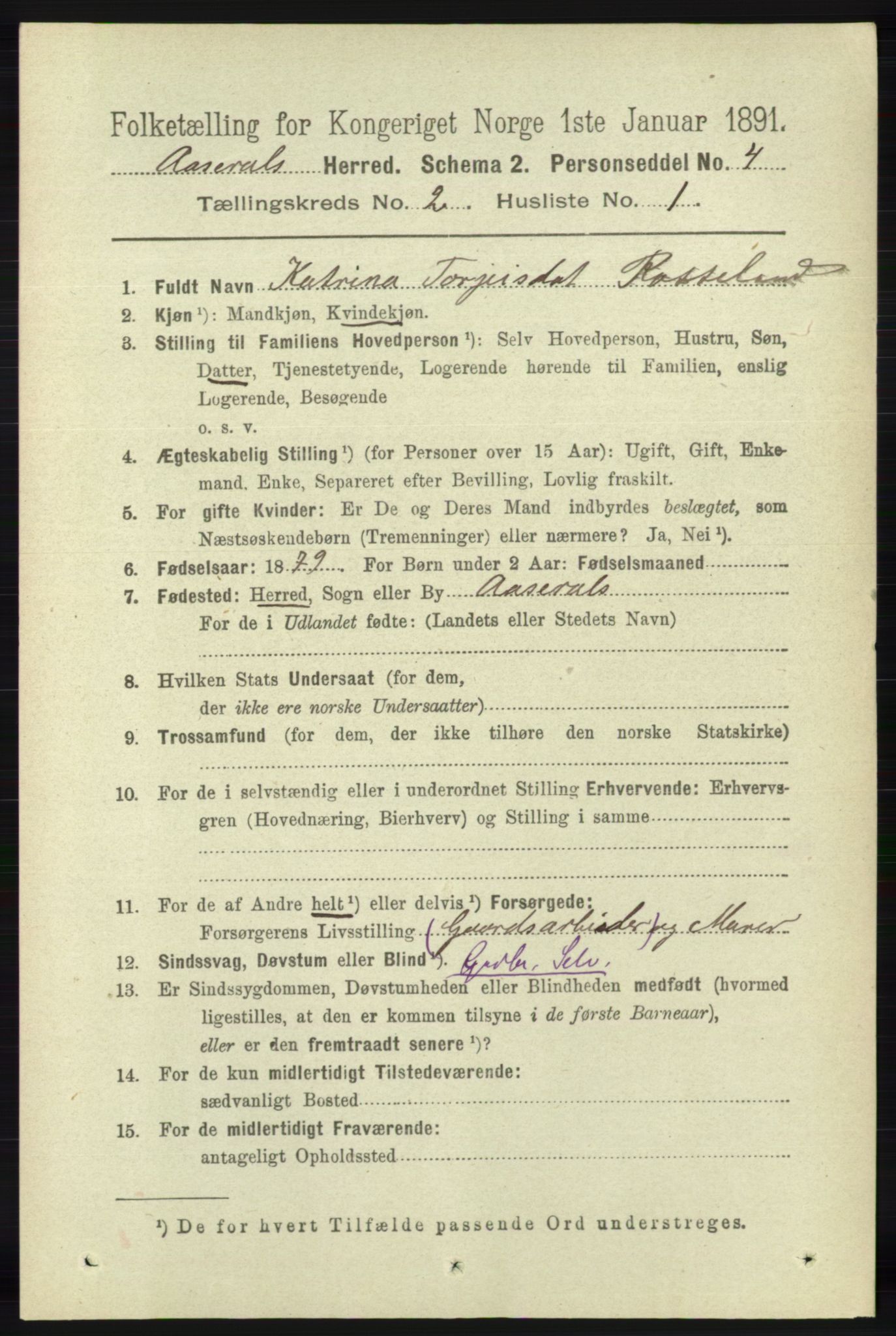 RA, 1891 census for 1026 Åseral, 1891, p. 391