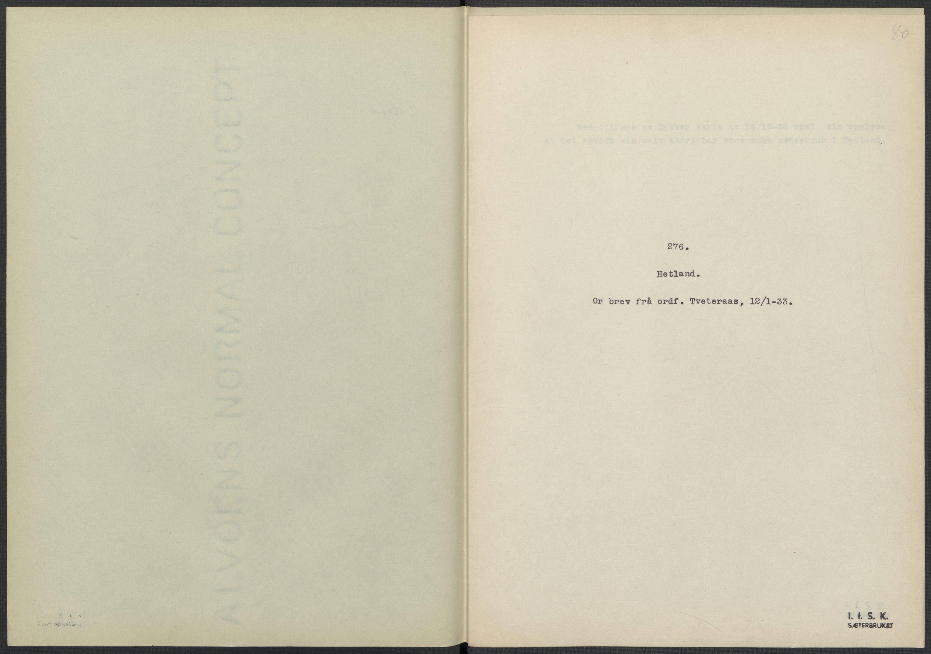 Instituttet for sammenlignende kulturforskning, RA/PA-0424/F/Fc/L0009/0001: Eske B9: / Rogaland (perm XXII), 1932-1935, p. 80