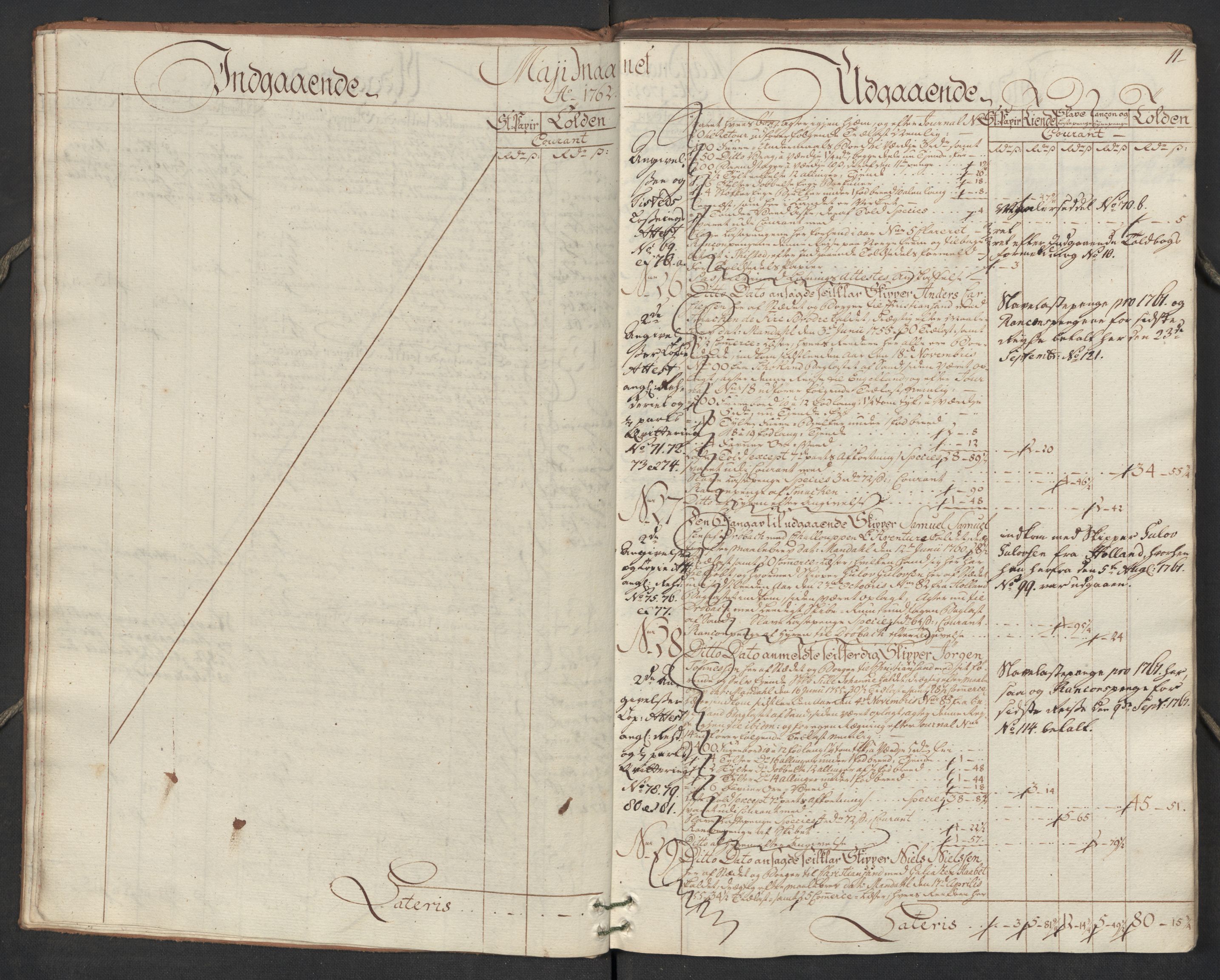 Generaltollkammeret, tollregnskaper, AV/RA-EA-5490/R17/L0023/0005: Tollregnskaper Mandal / Utgående hovedtollbok, 1762, p. 10b-11a