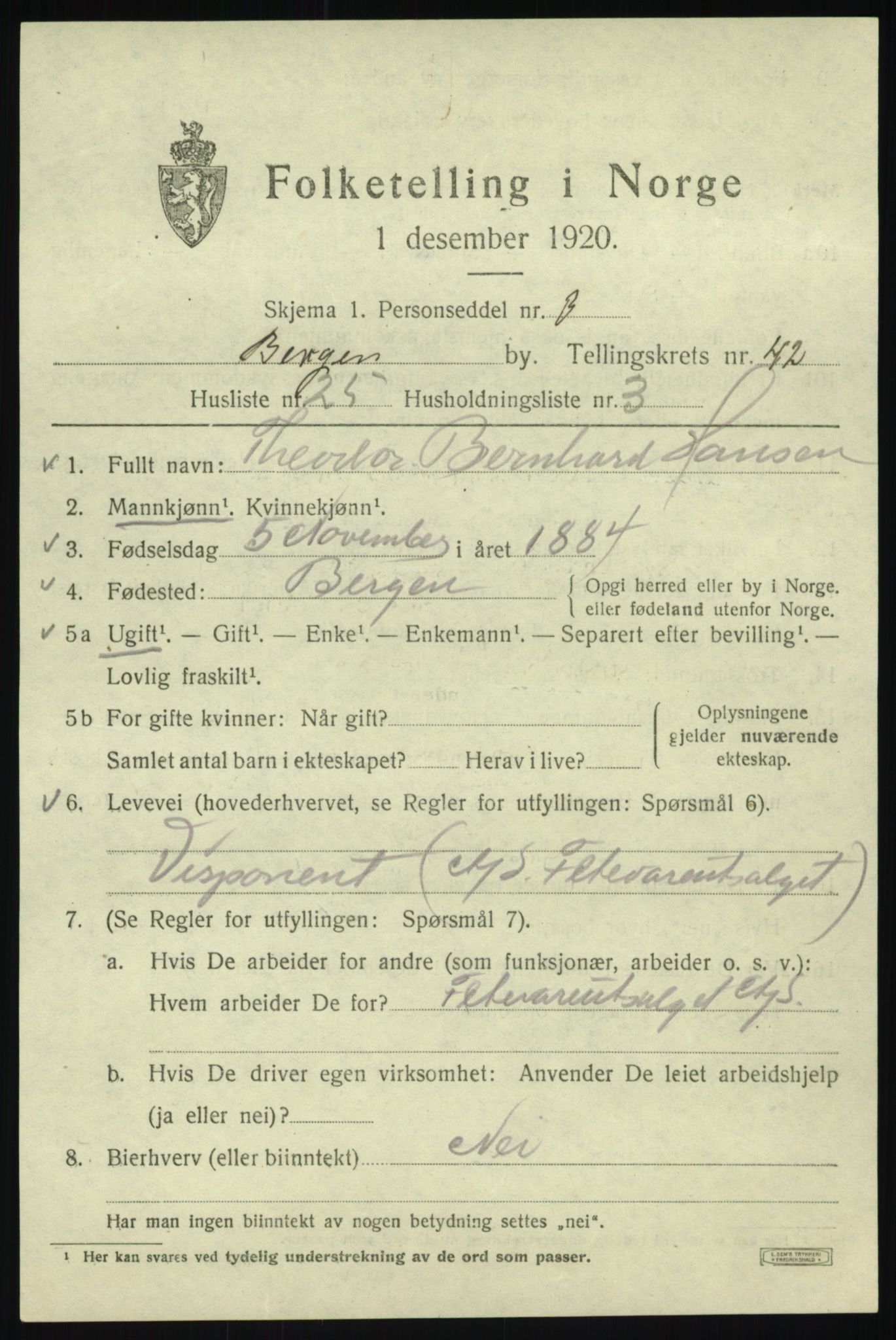 SAB, 1920 census for Bergen, 1920, p. 110403