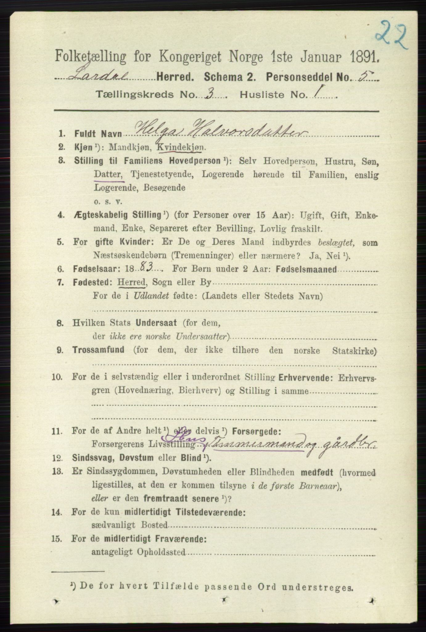 RA, 1891 census for 0728 Lardal, 1891, p. 1331