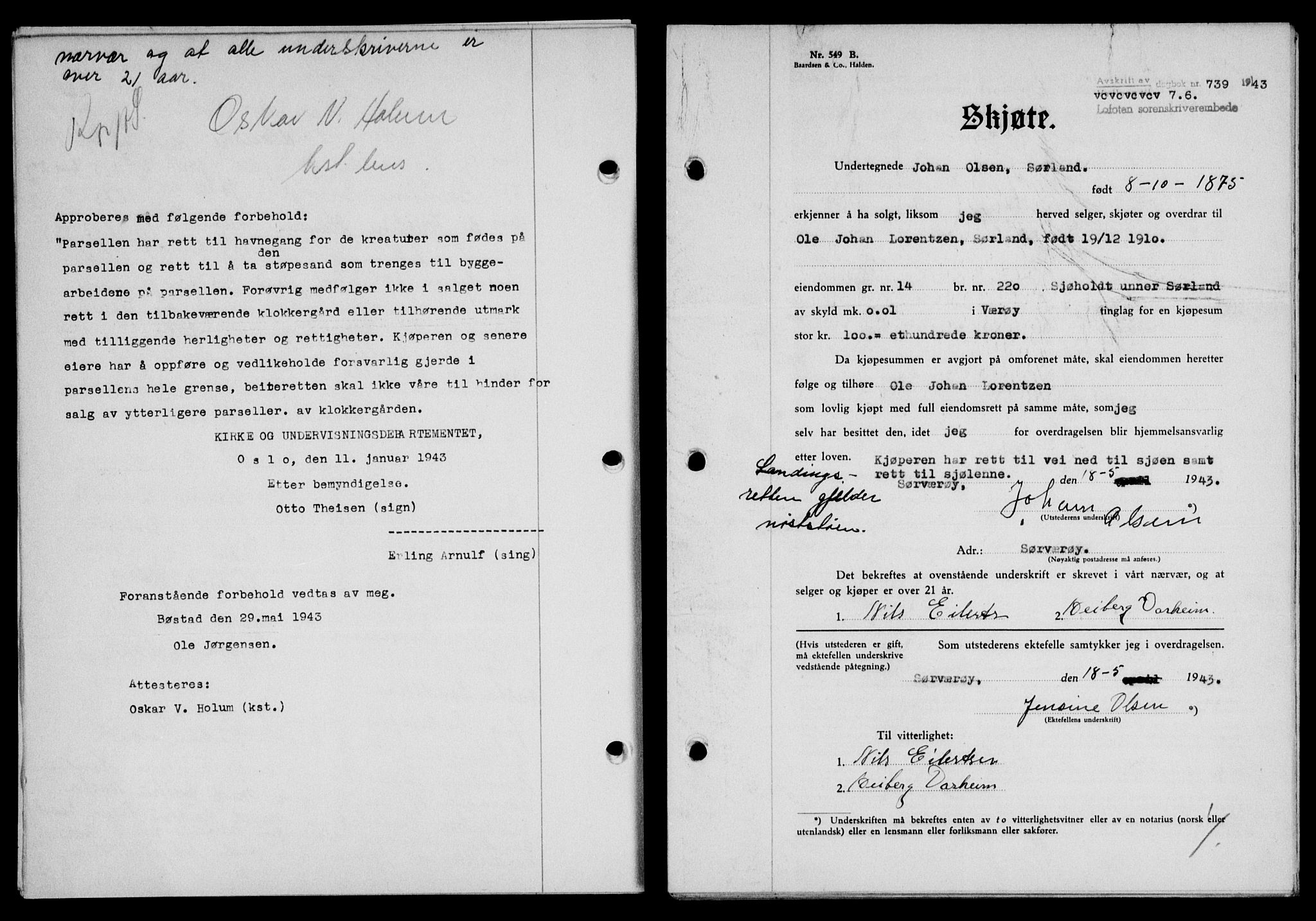 Lofoten sorenskriveri, SAT/A-0017/1/2/2C/L0011a: Mortgage book no. 11a, 1943-1943, Diary no: : 739/1943