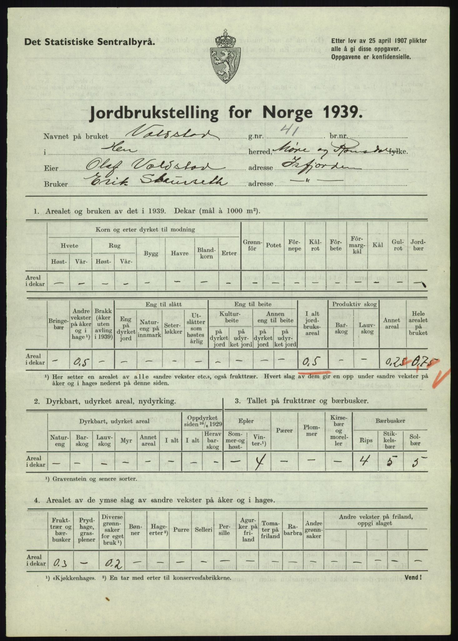 Statistisk sentralbyrå, Næringsøkonomiske emner, Jordbruk, skogbruk, jakt, fiske og fangst, AV/RA-S-2234/G/Gb/L0251: Møre og Romsdal: Voll, Eid, Grytten og Hen, 1939, p. 1035