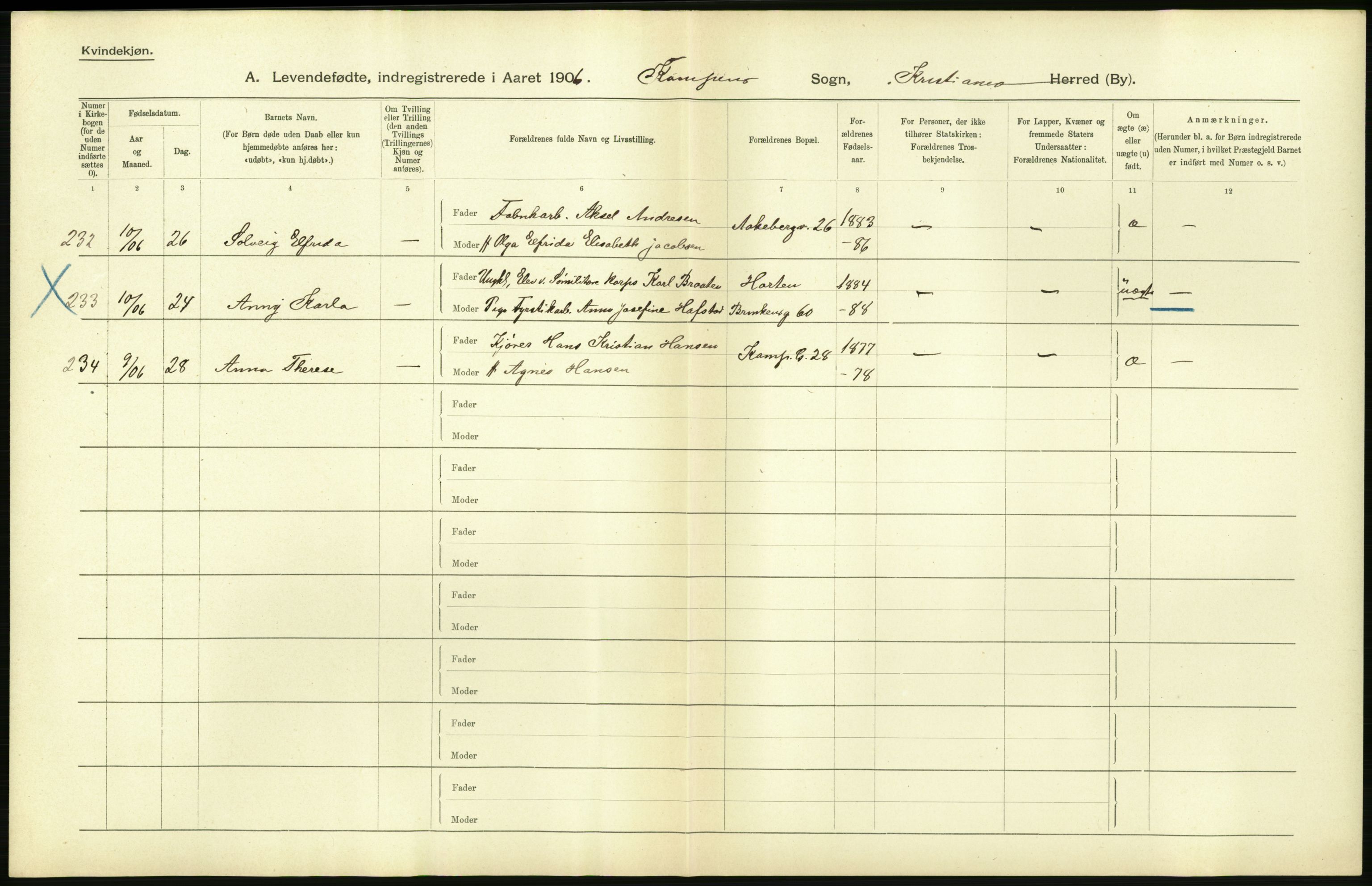 Statistisk sentralbyrå, Sosiodemografiske emner, Befolkning, AV/RA-S-2228/D/Df/Dfa/Dfad/L0007: Kristiania: Levendefødte menn og kvinner., 1906, p. 762