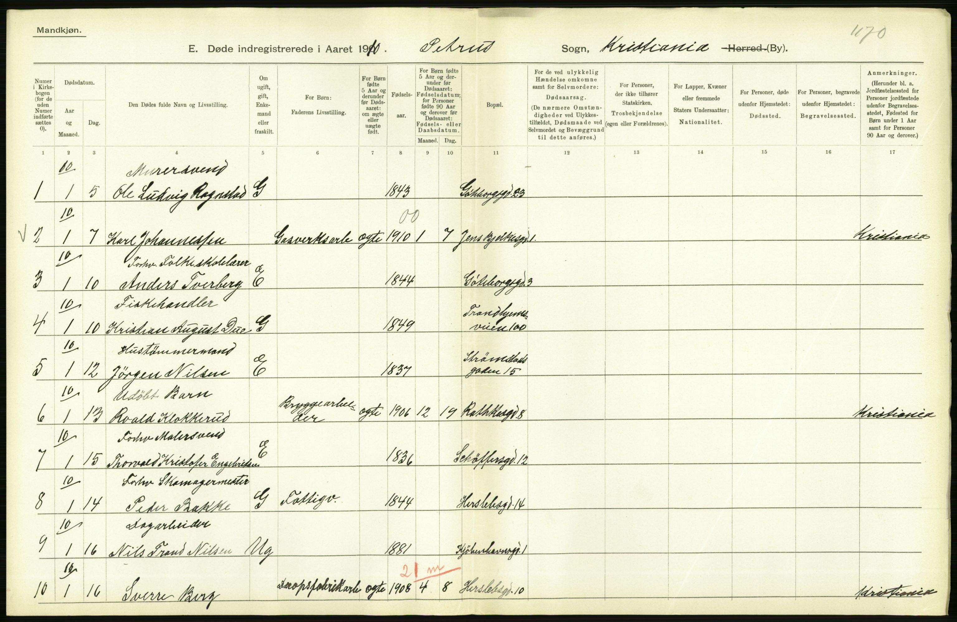 Statistisk sentralbyrå, Sosiodemografiske emner, Befolkning, RA/S-2228/D/Df/Dfa/Dfah/L0008: Kristiania: Døde, 1910, p. 534