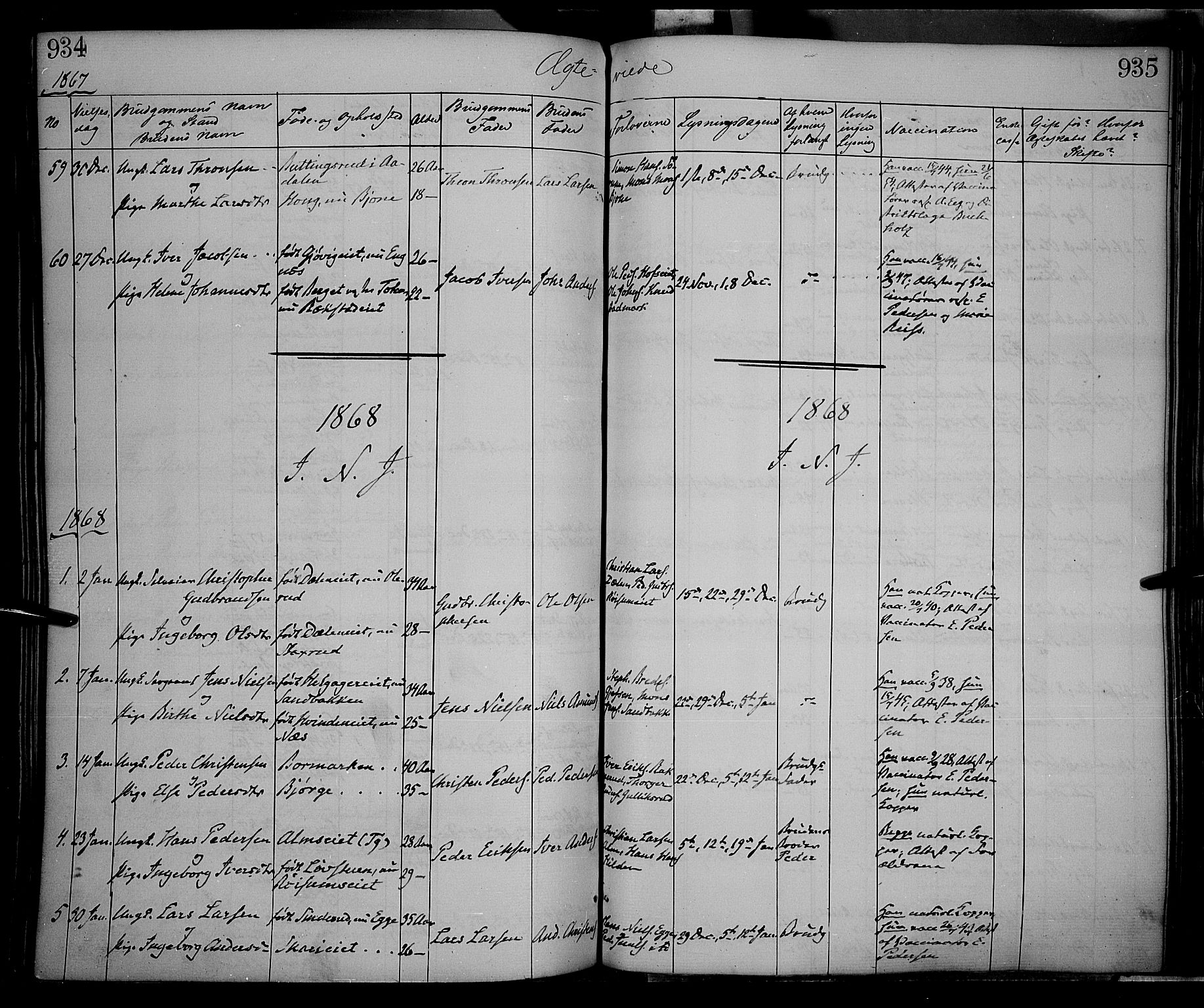 Gran prestekontor, SAH/PREST-112/H/Ha/Haa/L0012: Parish register (official) no. 12, 1856-1874, p. 934-935