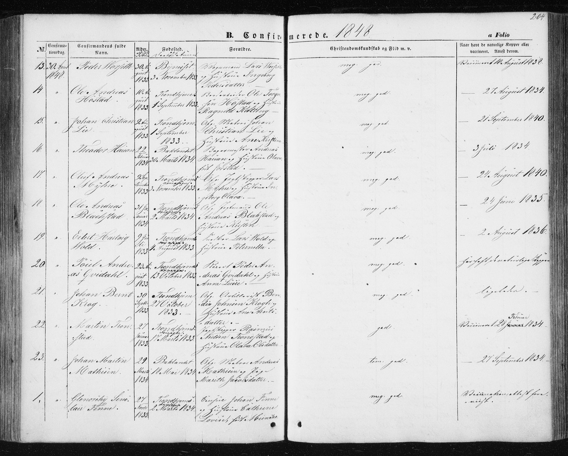 Ministerialprotokoller, klokkerbøker og fødselsregistre - Sør-Trøndelag, SAT/A-1456/602/L0112: Parish register (official) no. 602A10, 1848-1859, p. 204