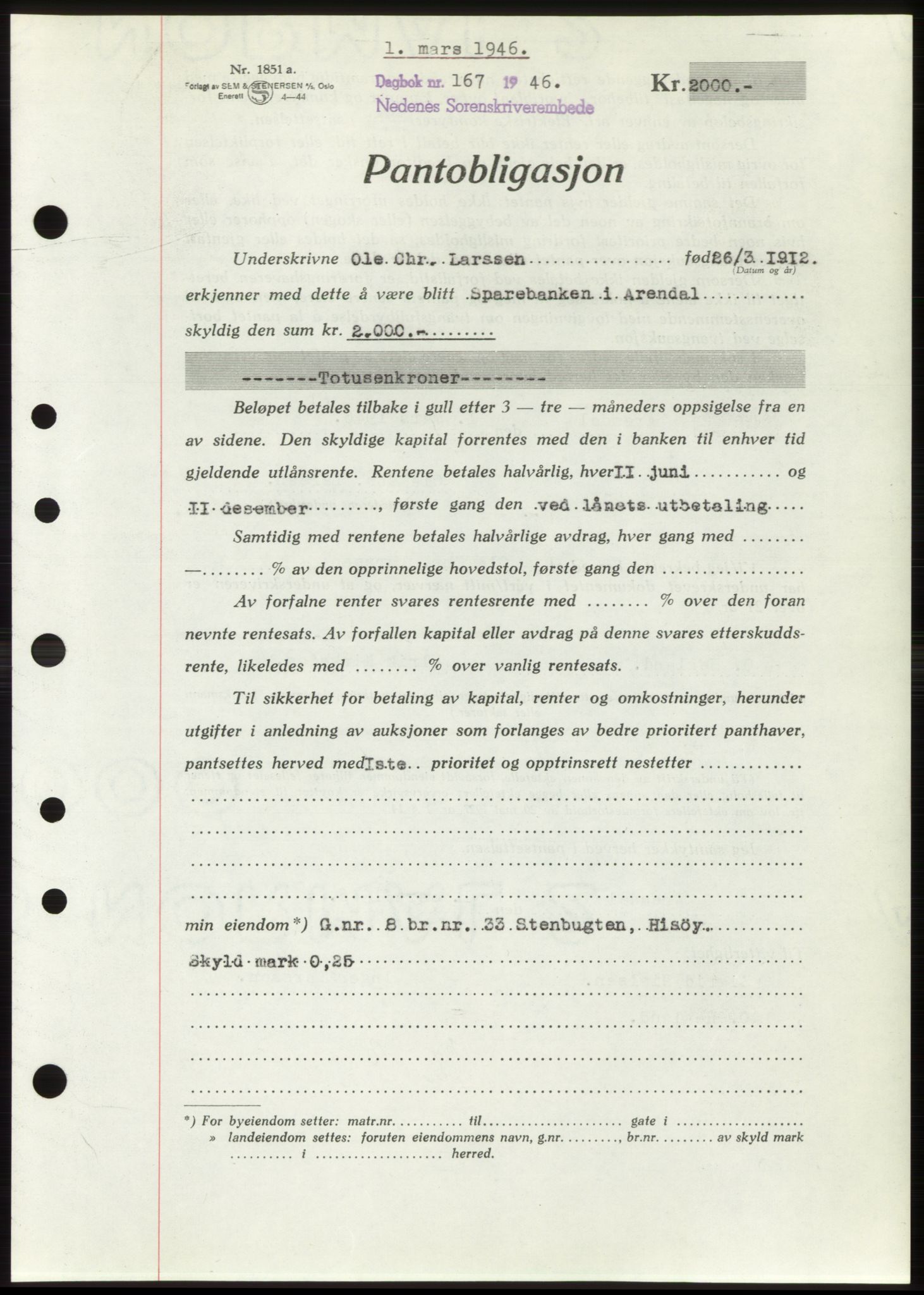 Nedenes sorenskriveri, SAK/1221-0006/G/Gb/Gbb/L0003: Mortgage book no. B3b, 1946-1946, Diary no: : 167/1946