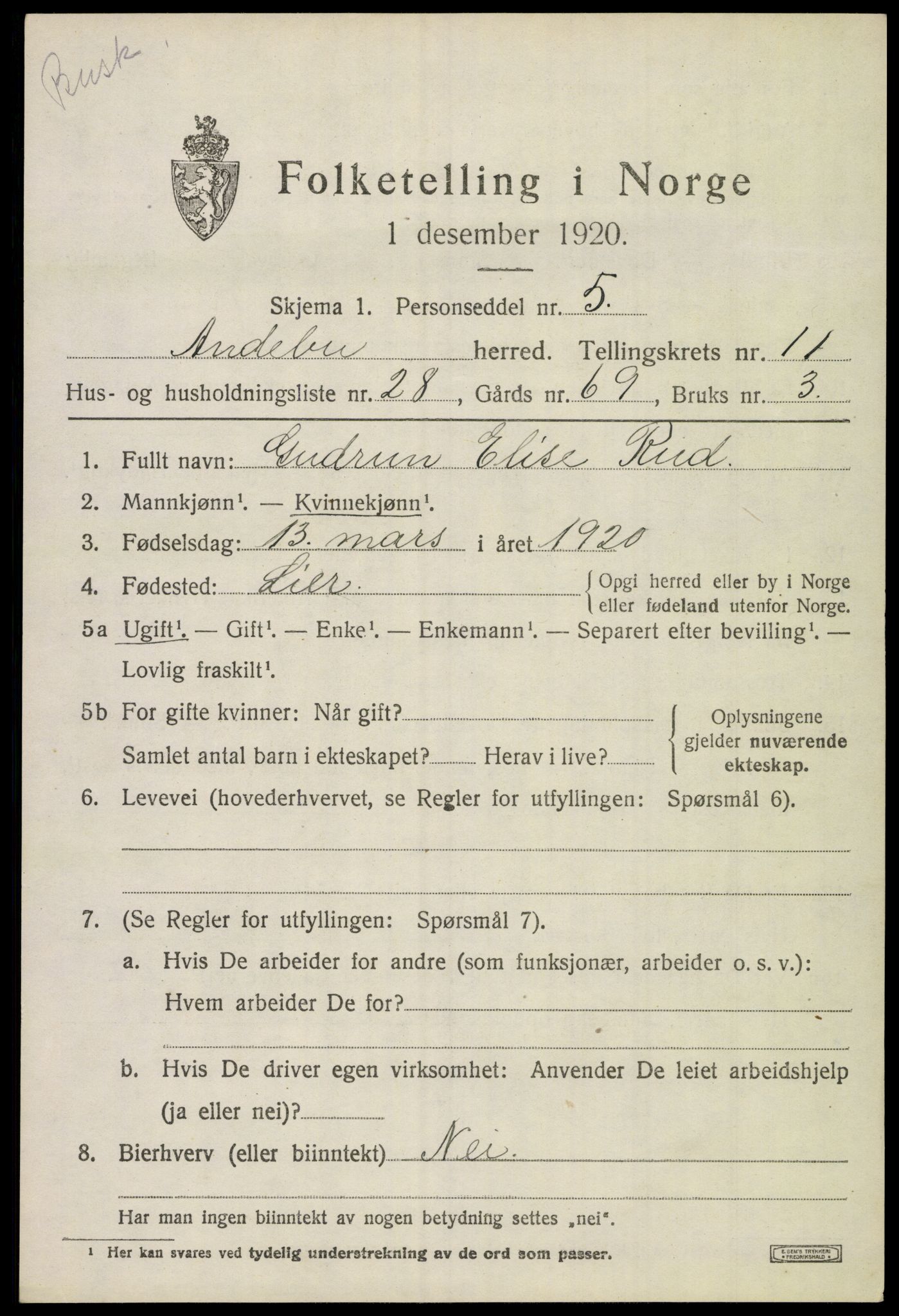 SAKO, 1920 census for Andebu, 1920, p. 4462