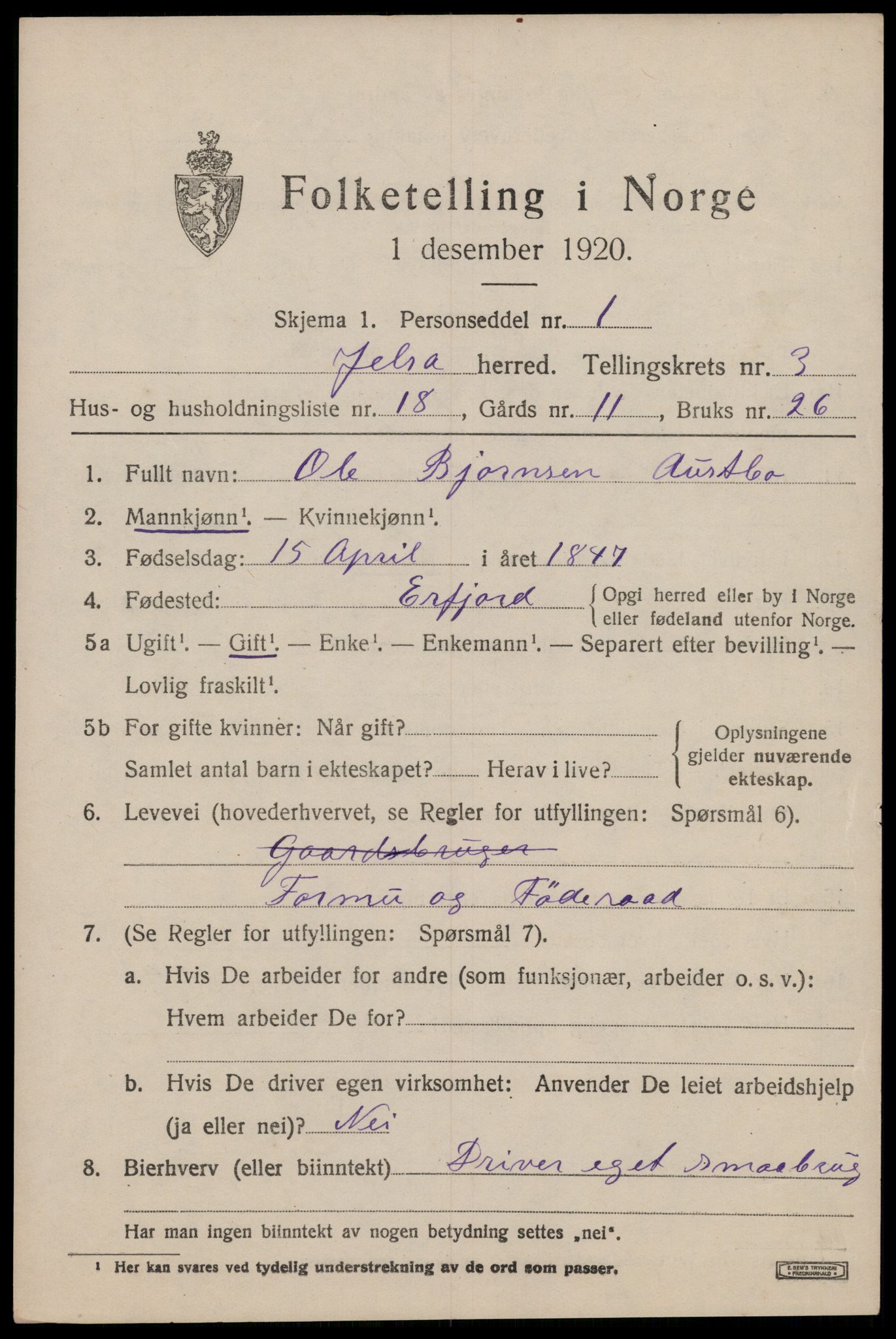 SAST, 1920 census for Jelsa, 1920, p. 1174