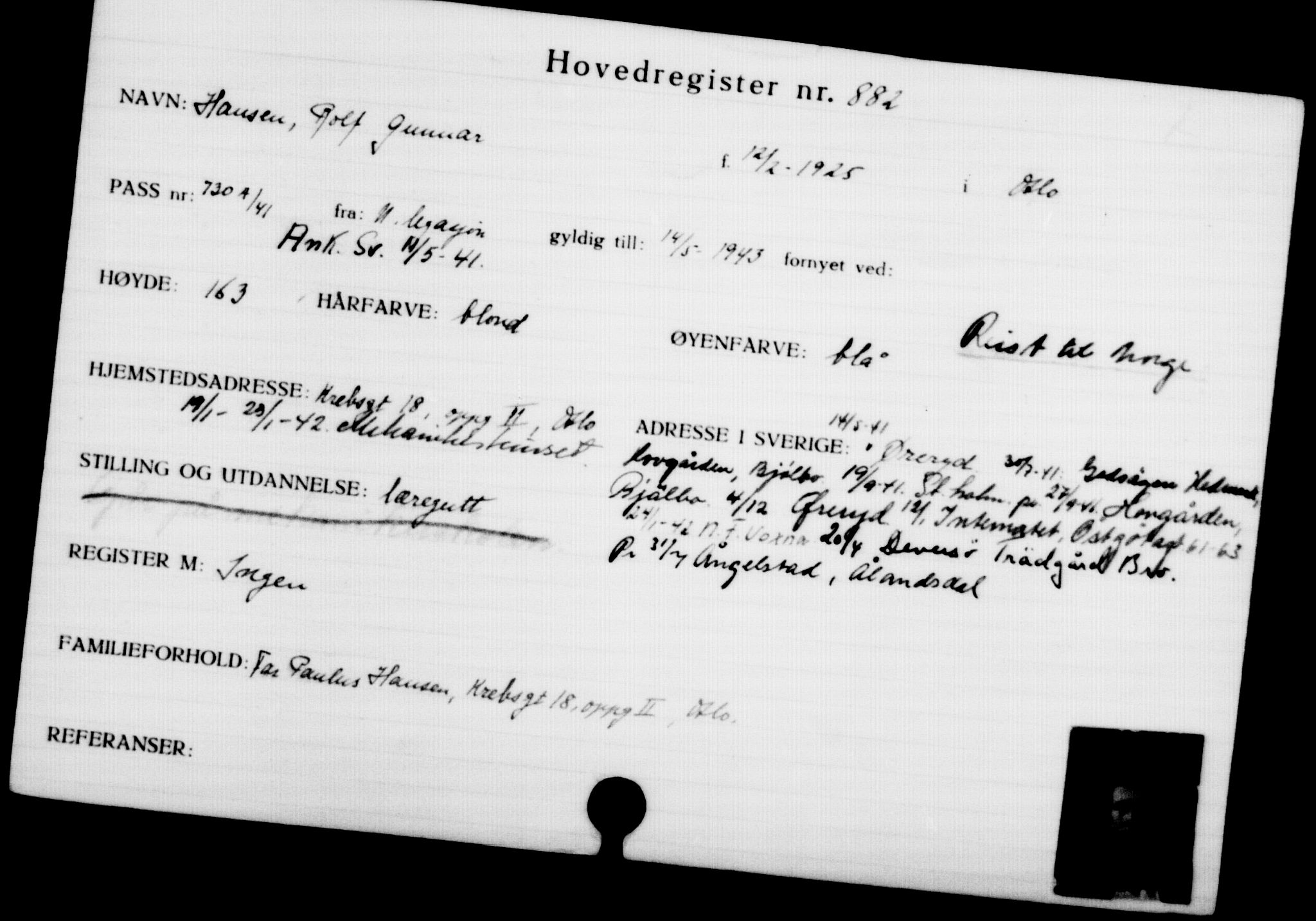 Utenriksstasjonene, Legasjonen i Stockholm, Flyktningkontoret, AV/RA-S-6753/V/Va/L0001: Kjesäterkartoteket, flyktninger med registreringsnr. 1-1000, 1940-1945, p. 1398