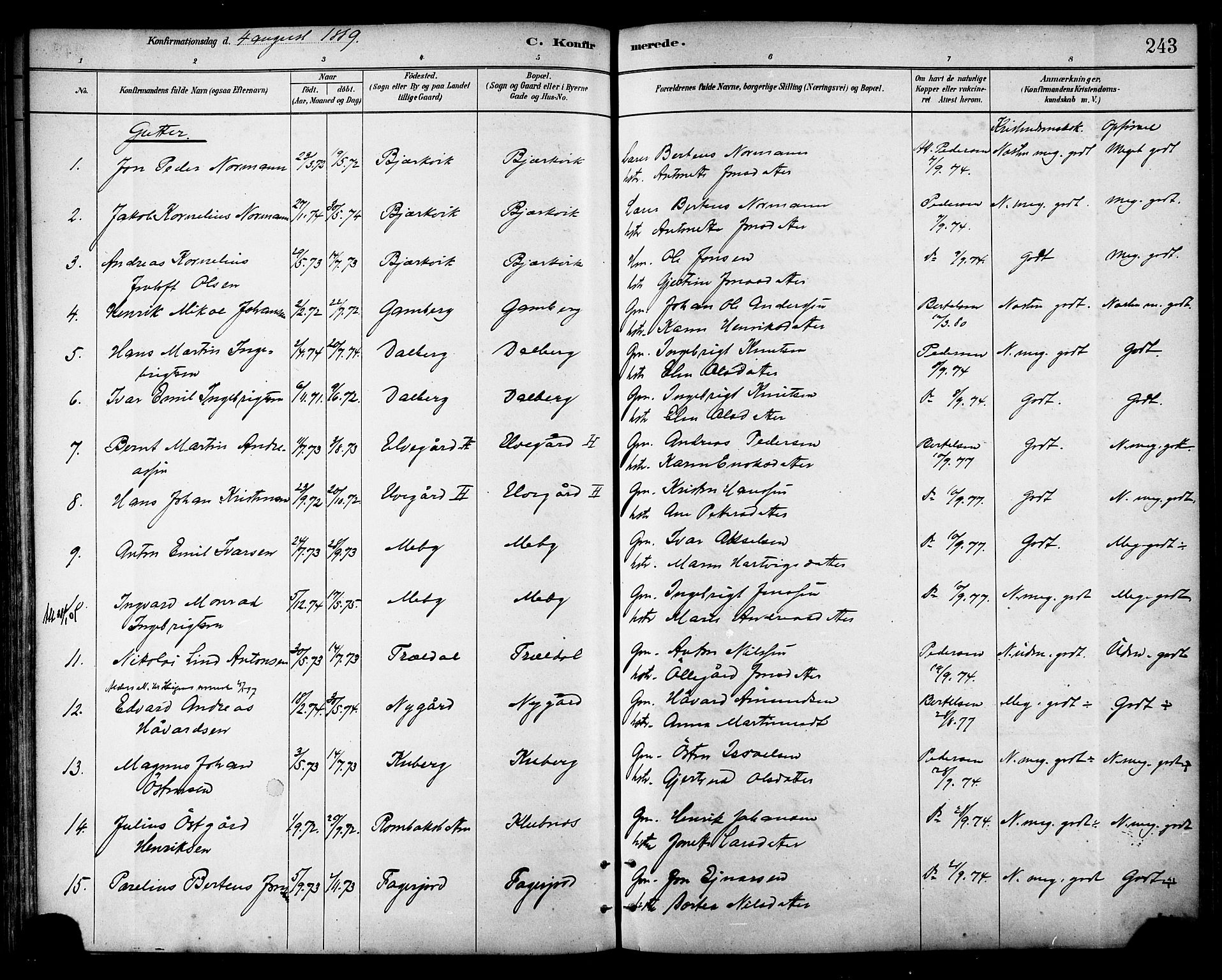 Ministerialprotokoller, klokkerbøker og fødselsregistre - Nordland, AV/SAT-A-1459/866/L0938: Parish register (official) no. 866A01, 1879-1893, p. 243