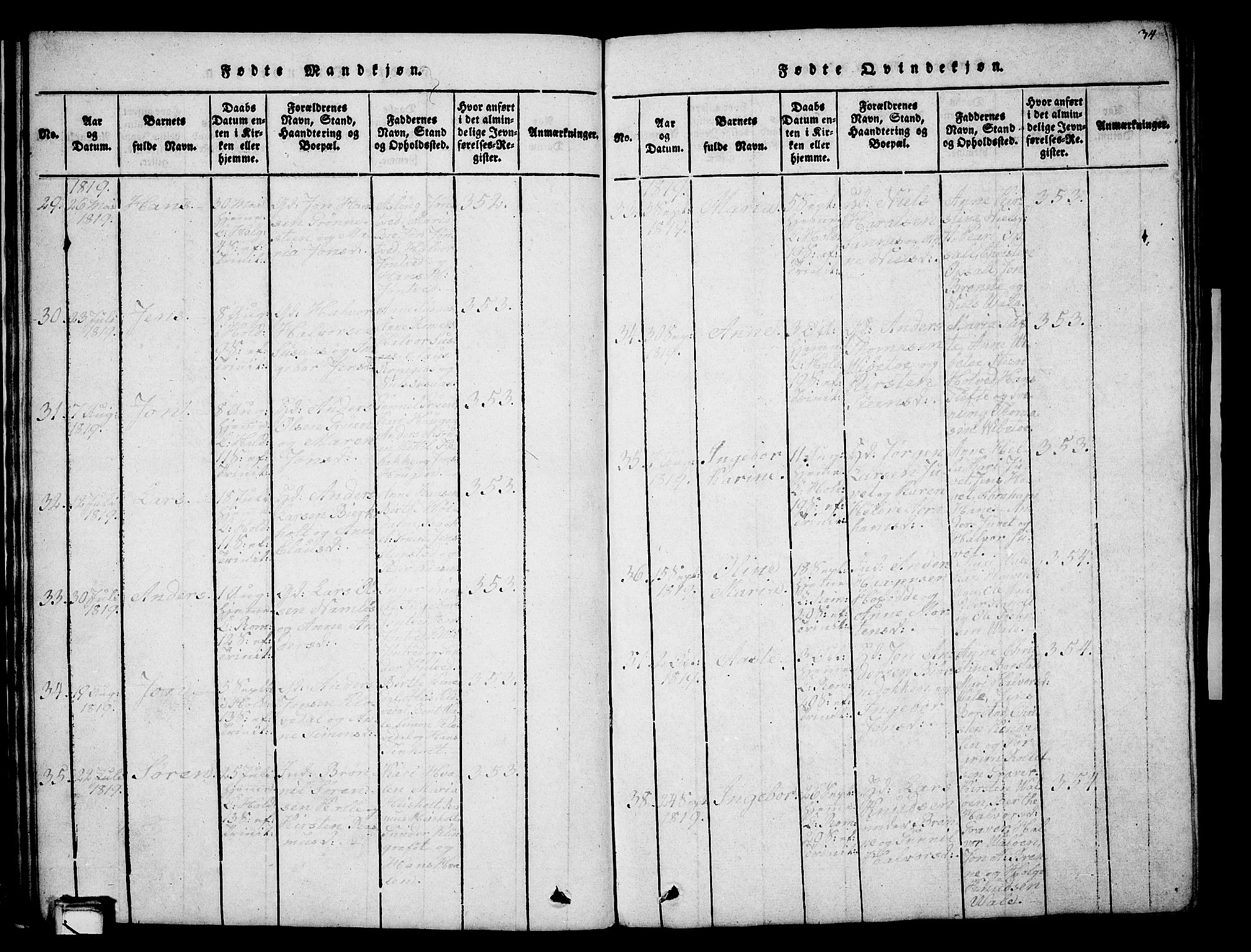 Holla kirkebøker, AV/SAKO-A-272/G/Ga/L0001: Parish register (copy) no. I 1, 1814-1830, p. 34