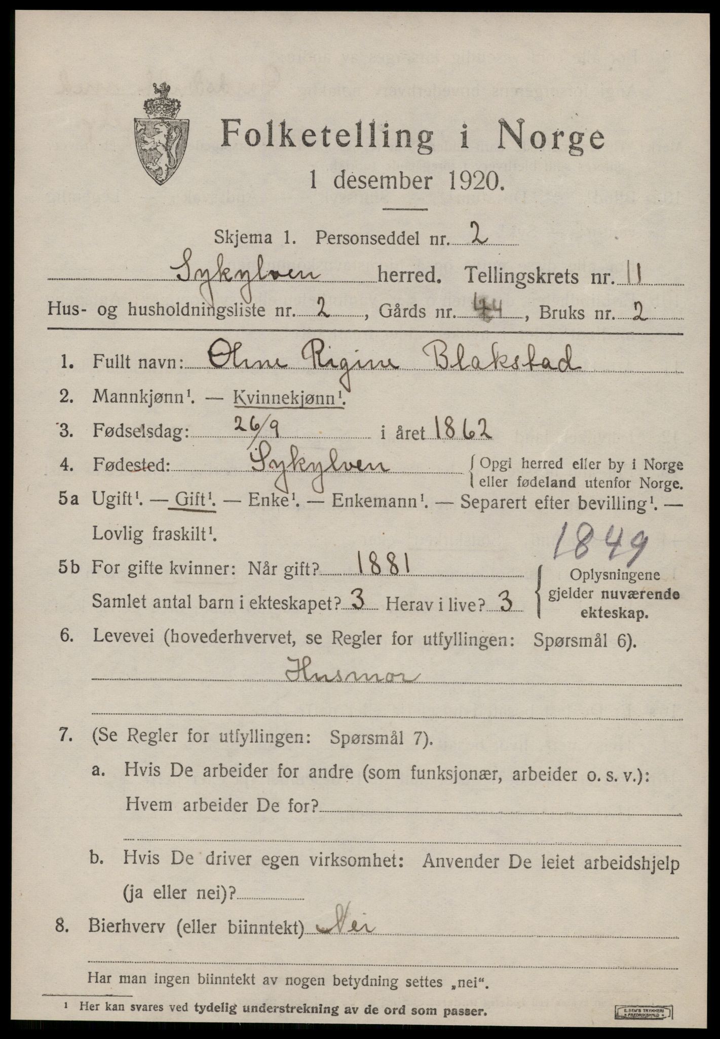 SAT, 1920 census for Sykkylven, 1920, p. 5425