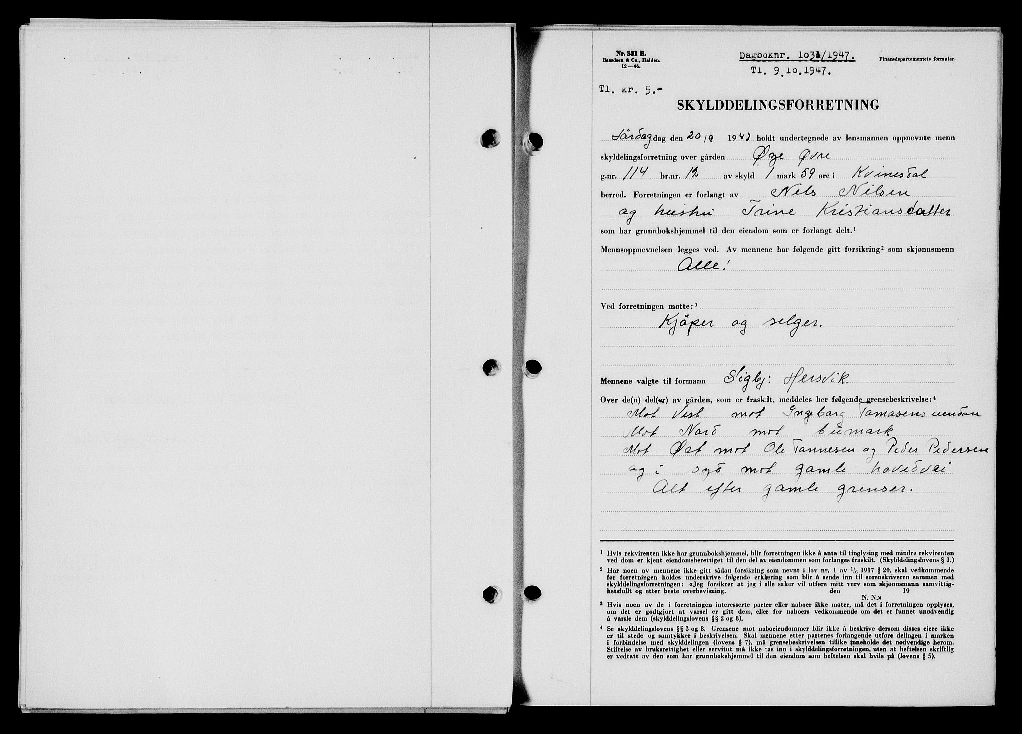 Flekkefjord sorenskriveri, SAK/1221-0001/G/Gb/Gba/L0062: Mortgage book no. A-10, 1947-1947, Diary no: : 1031/1947