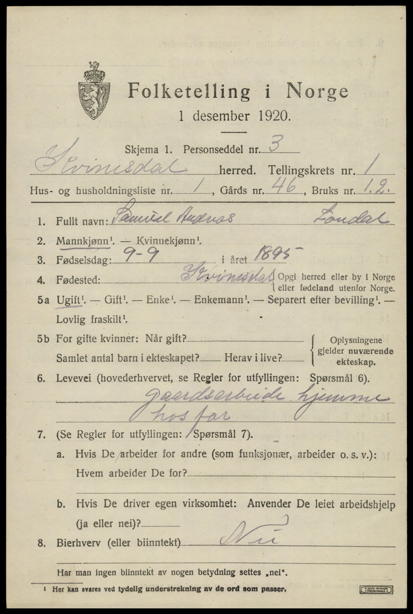 SAK, 1920 census for Kvinesdal, 1920, p. 1355