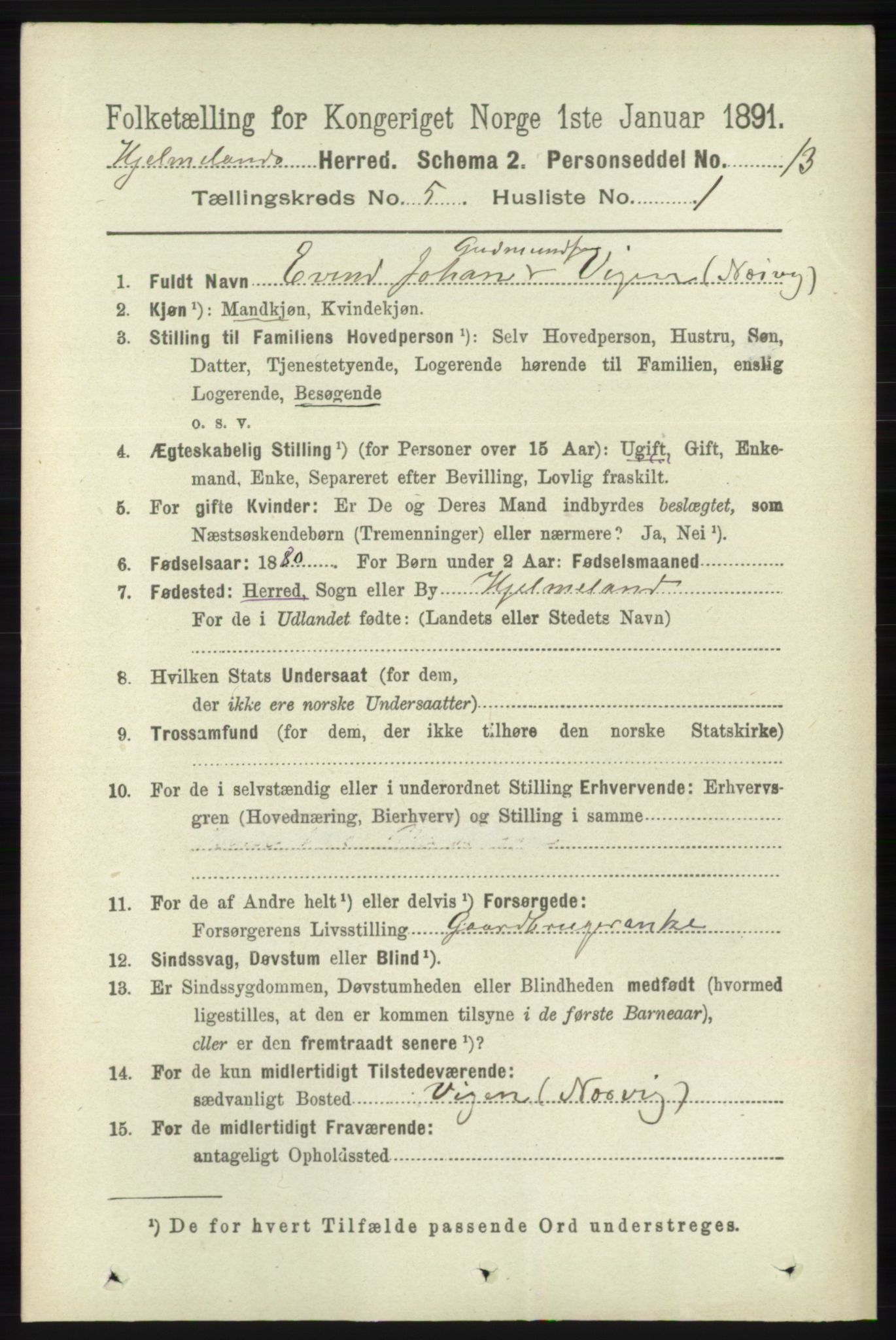 RA, 1891 census for 1133 Hjelmeland, 1891, p. 1163