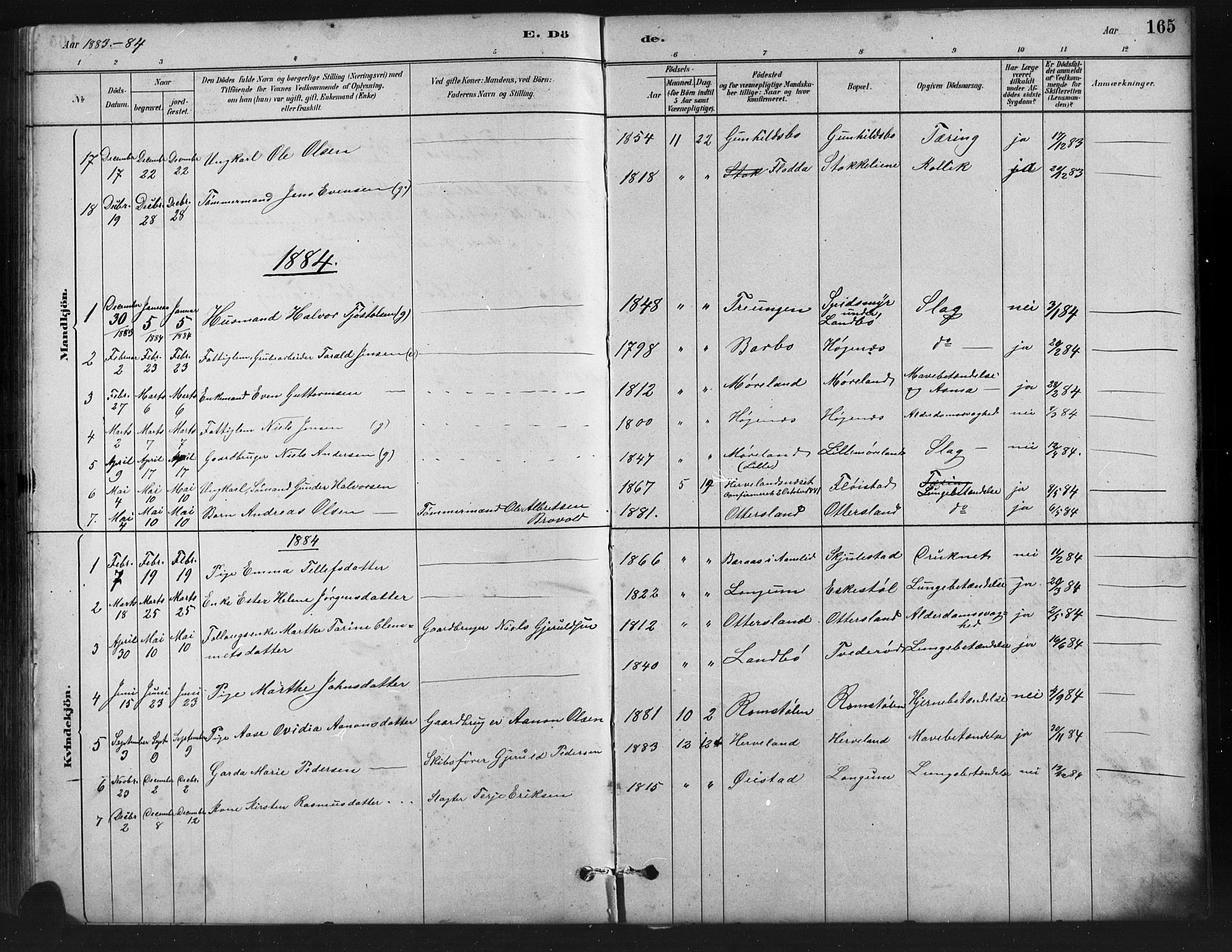 Austre Moland sokneprestkontor, AV/SAK-1111-0001/F/Fb/Fba/L0003: Parish register (copy) no. B 3, 1879-1914, p. 165