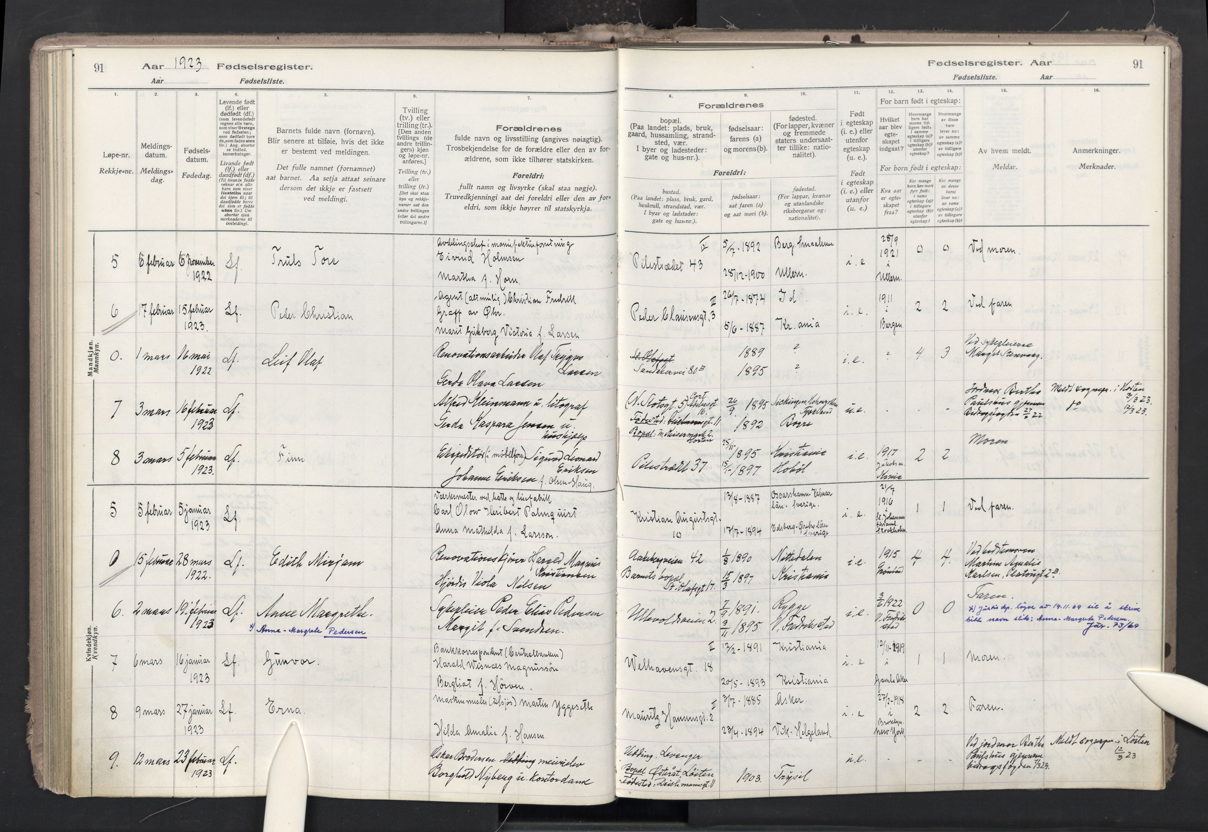 Trefoldighet prestekontor Kirkebøker, SAO/A-10882/J/Ja/L0001: Birth register no. 1, 1916-1931, p. 91