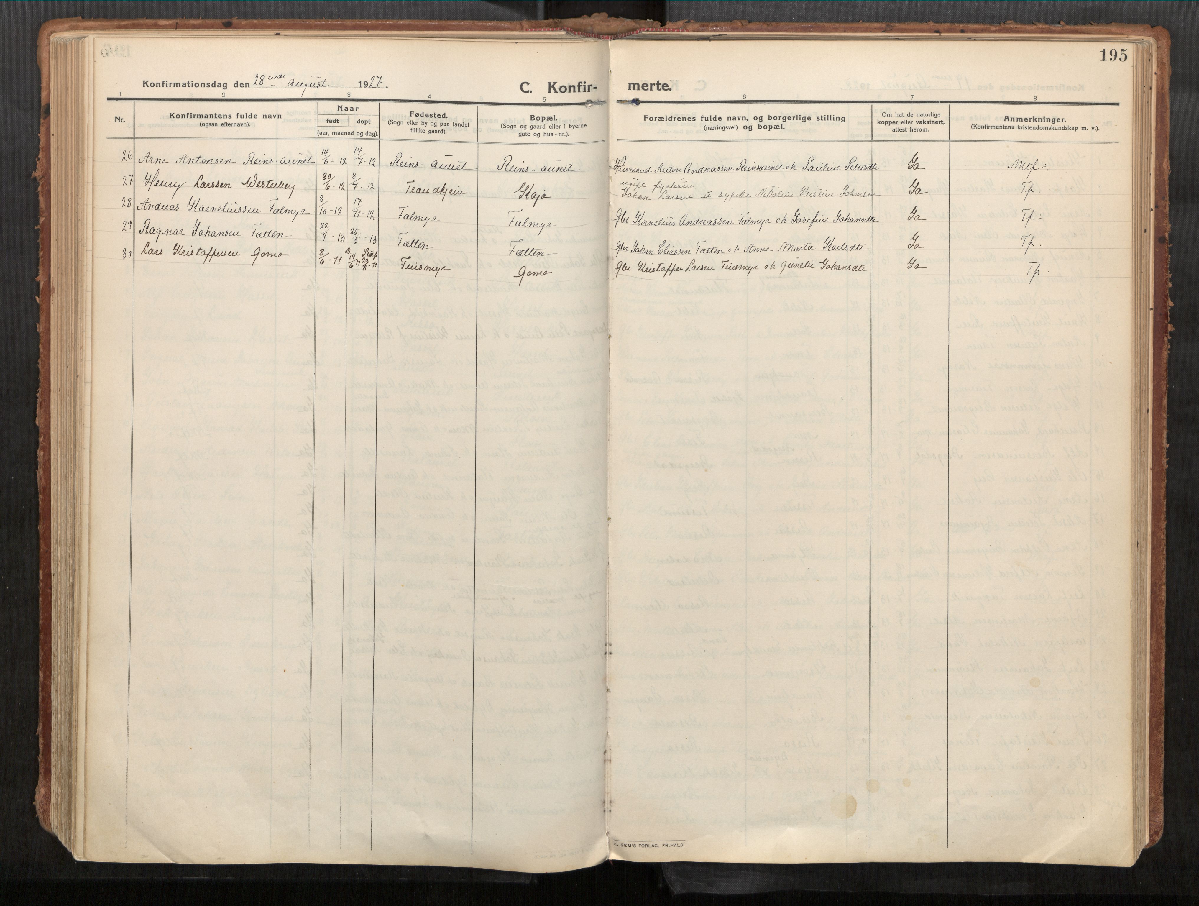 Stadsbygd sokneprestkontor, SAT/A-1117/1/I/I1/I1a/L0001: Parish register (official) no. 1, 1911-1929, p. 195