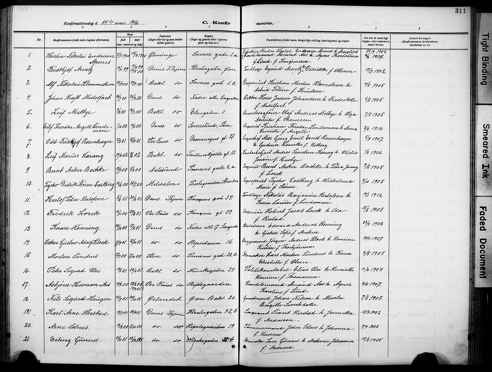 Ministerialprotokoller, klokkerbøker og fødselsregistre - Sør-Trøndelag, SAT/A-1456/601/L0096: Parish register (copy) no. 601C14, 1911-1931, p. 311