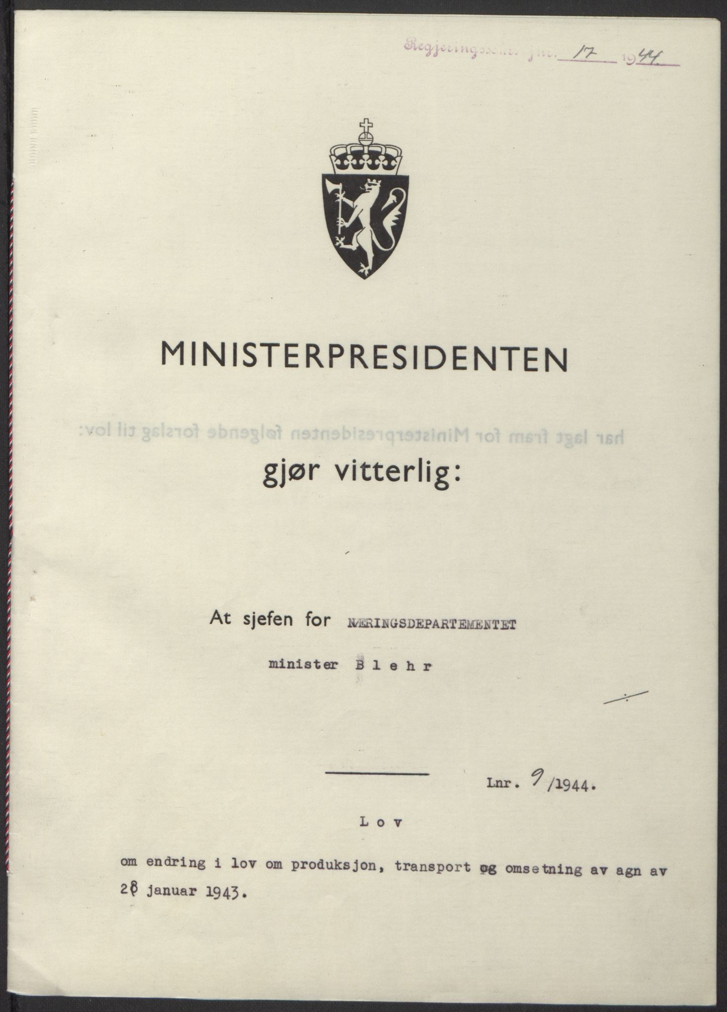 NS-administrasjonen 1940-1945 (Statsrådsekretariatet, de kommisariske statsråder mm), RA/S-4279/D/Db/L0100: Lover, 1944, p. 38