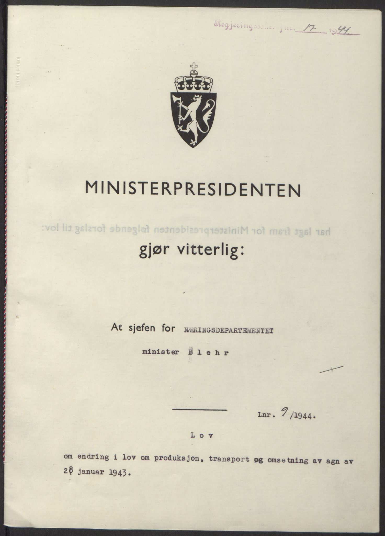 NS-administrasjonen 1940-1945 (Statsrådsekretariatet, de kommisariske statsråder mm), AV/RA-S-4279/D/Db/L0100: Lover, 1944, p. 38