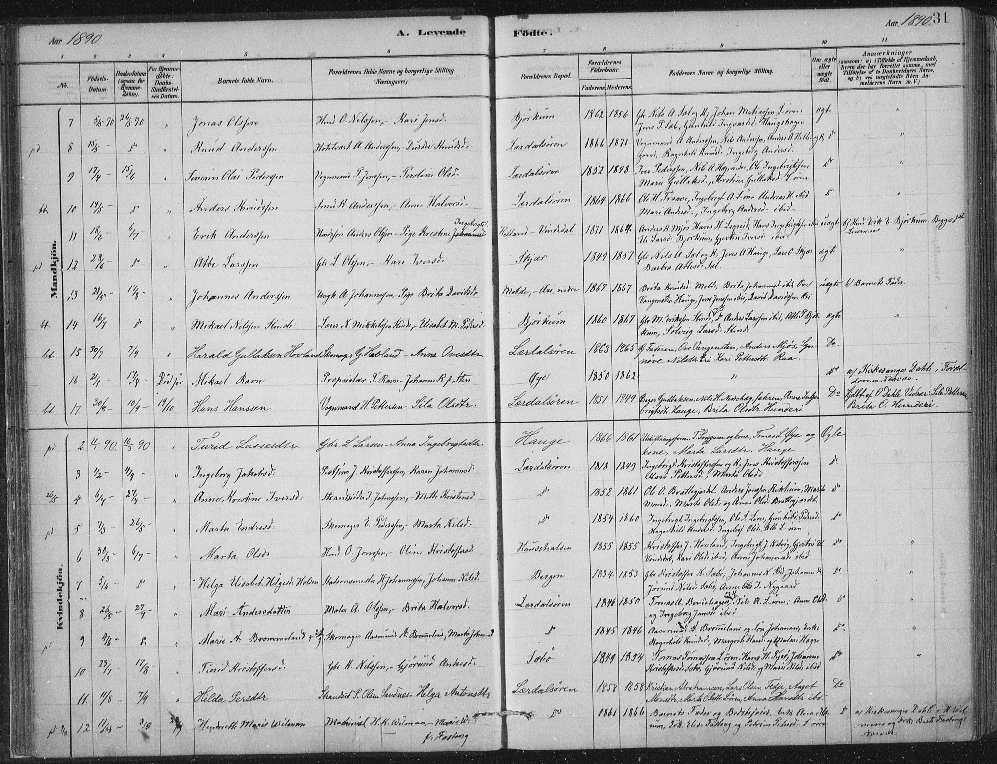 Lærdal sokneprestembete, SAB/A-81201: Parish register (official) no. D  1, 1878-1908, p. 31