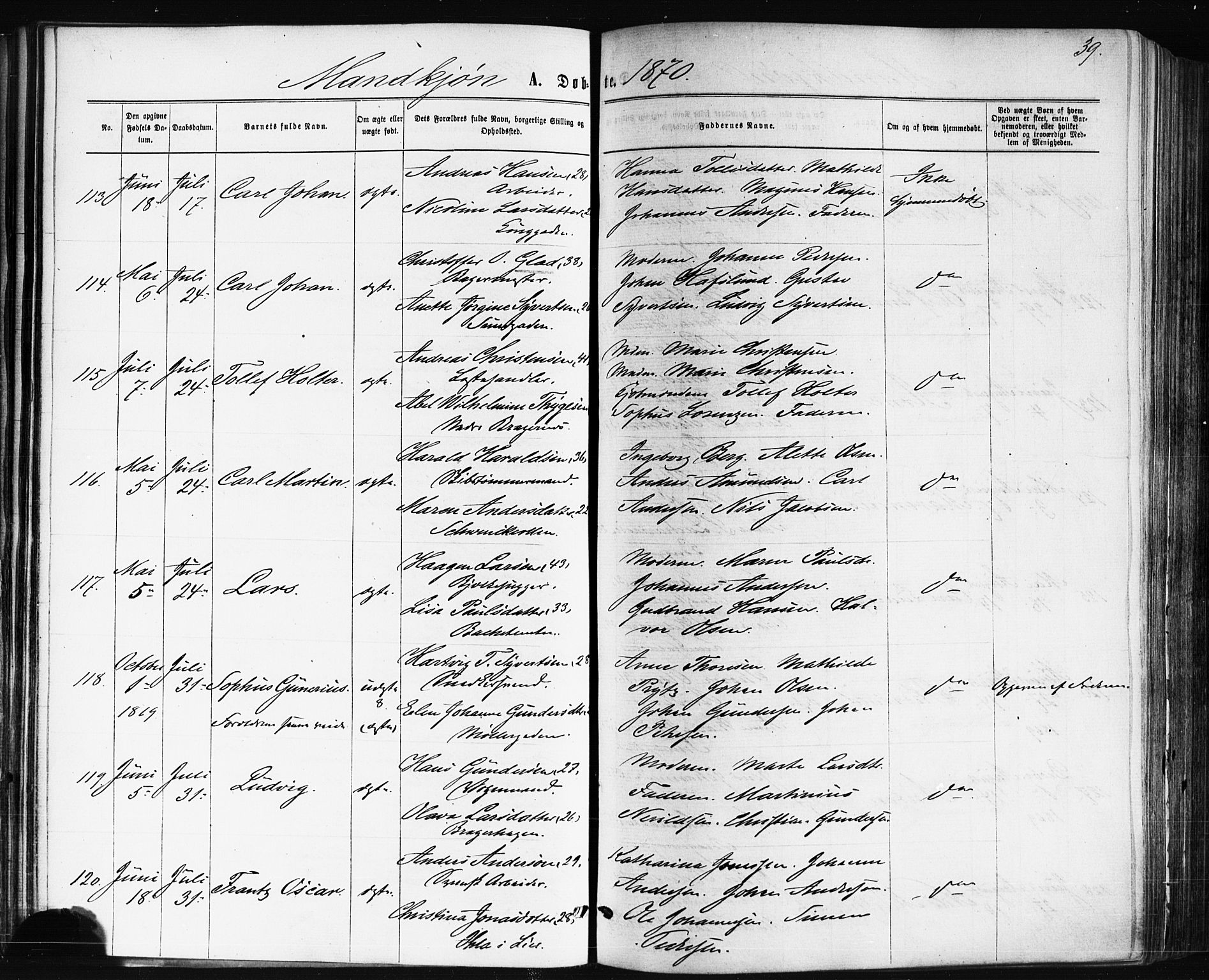 Bragernes kirkebøker, SAKO/A-6/F/Fb/L0004: Parish register (official) no. II 4, 1869-1875, p. 39