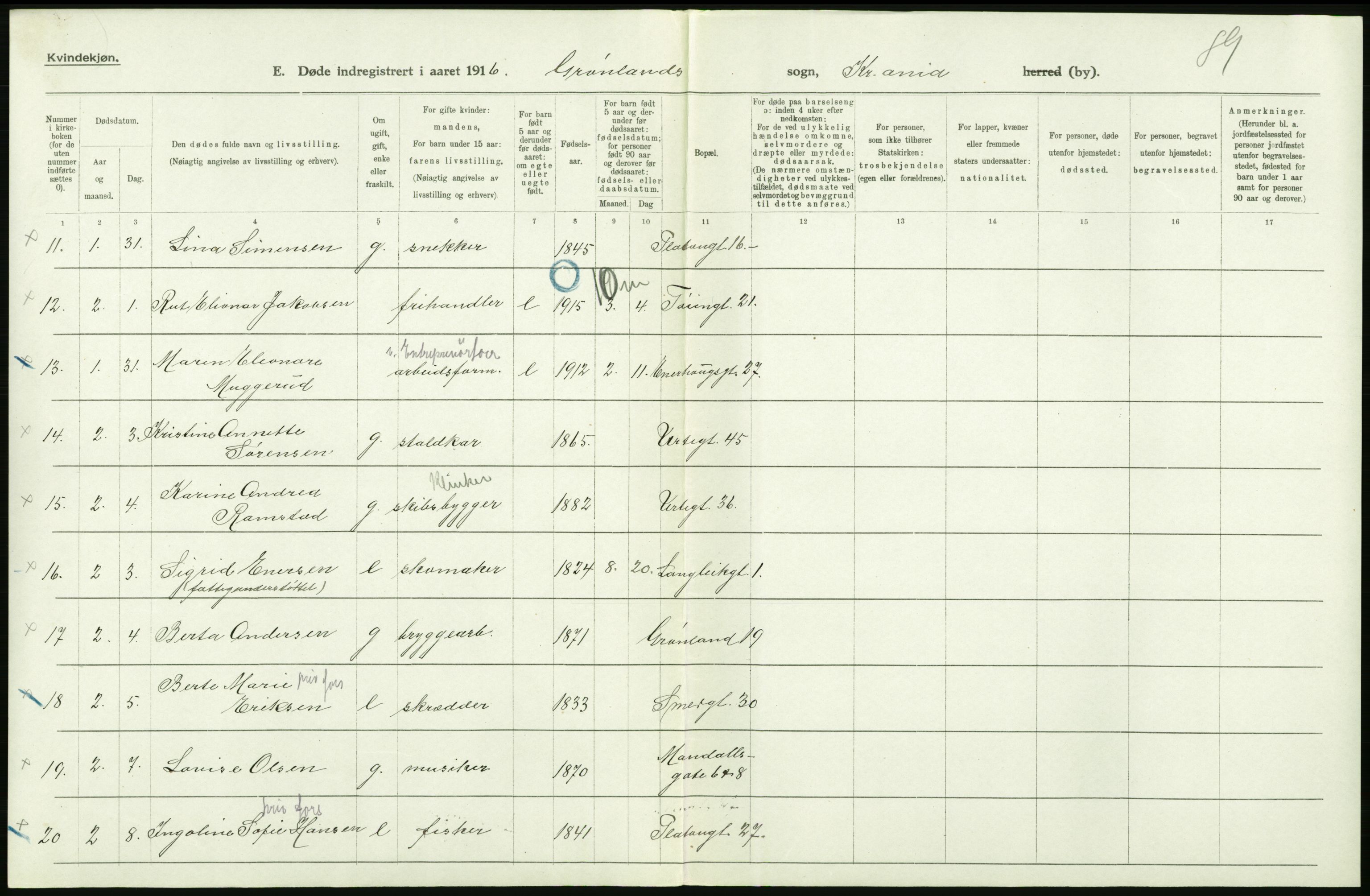 Statistisk sentralbyrå, Sosiodemografiske emner, Befolkning, AV/RA-S-2228/D/Df/Dfb/Dfbf/L0009: Kristiania: Døde., 1916, p. 234