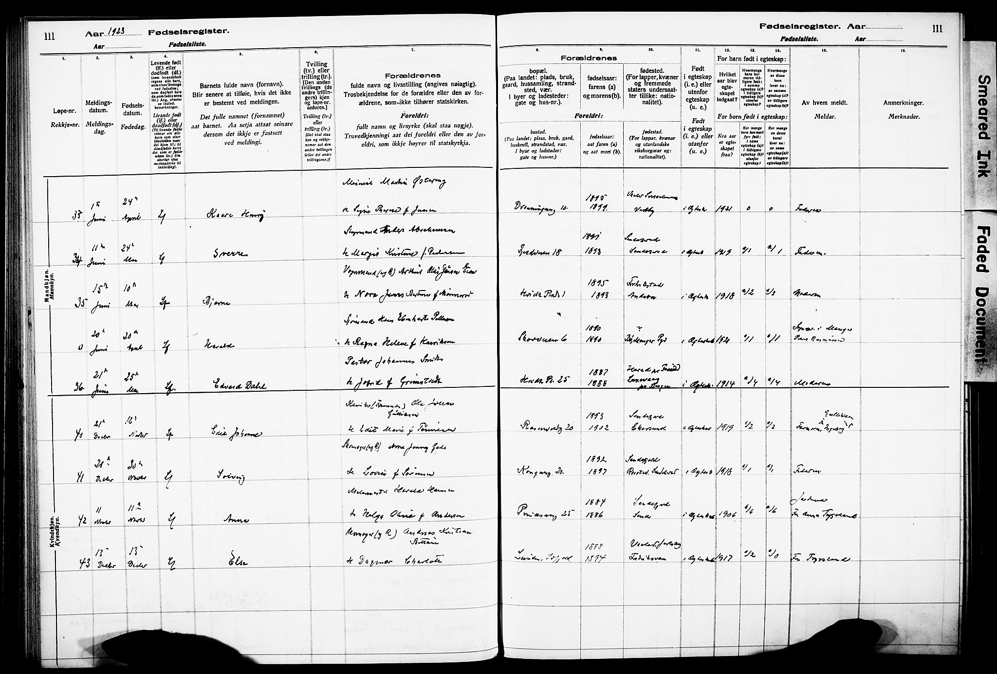 Sandefjord kirkebøker, AV/SAKO-A-315/J/Ja/L0001: Birth register no. 1, 1916-1932, p. 111