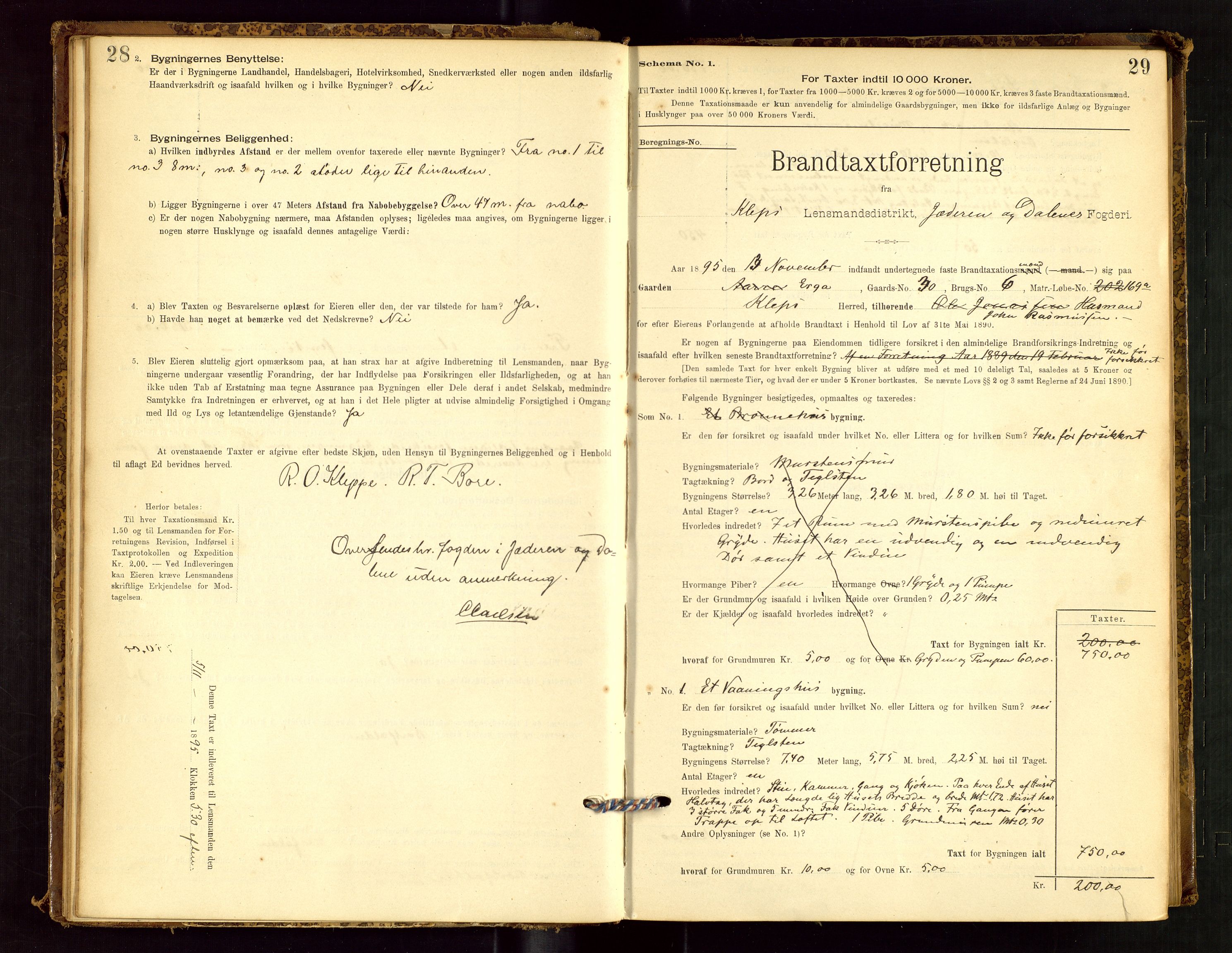 Klepp lensmannskontor, SAST/A-100163/Goc/L0001: "Brandtaxationsprotokol" m/register, 1895-1898, p. 28-29