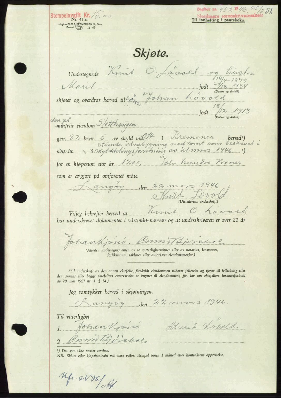 Nordmøre sorenskriveri, AV/SAT-A-4132/1/2/2Ca: Mortgage book no. A101, 1946-1946, Diary no: : 452/1946