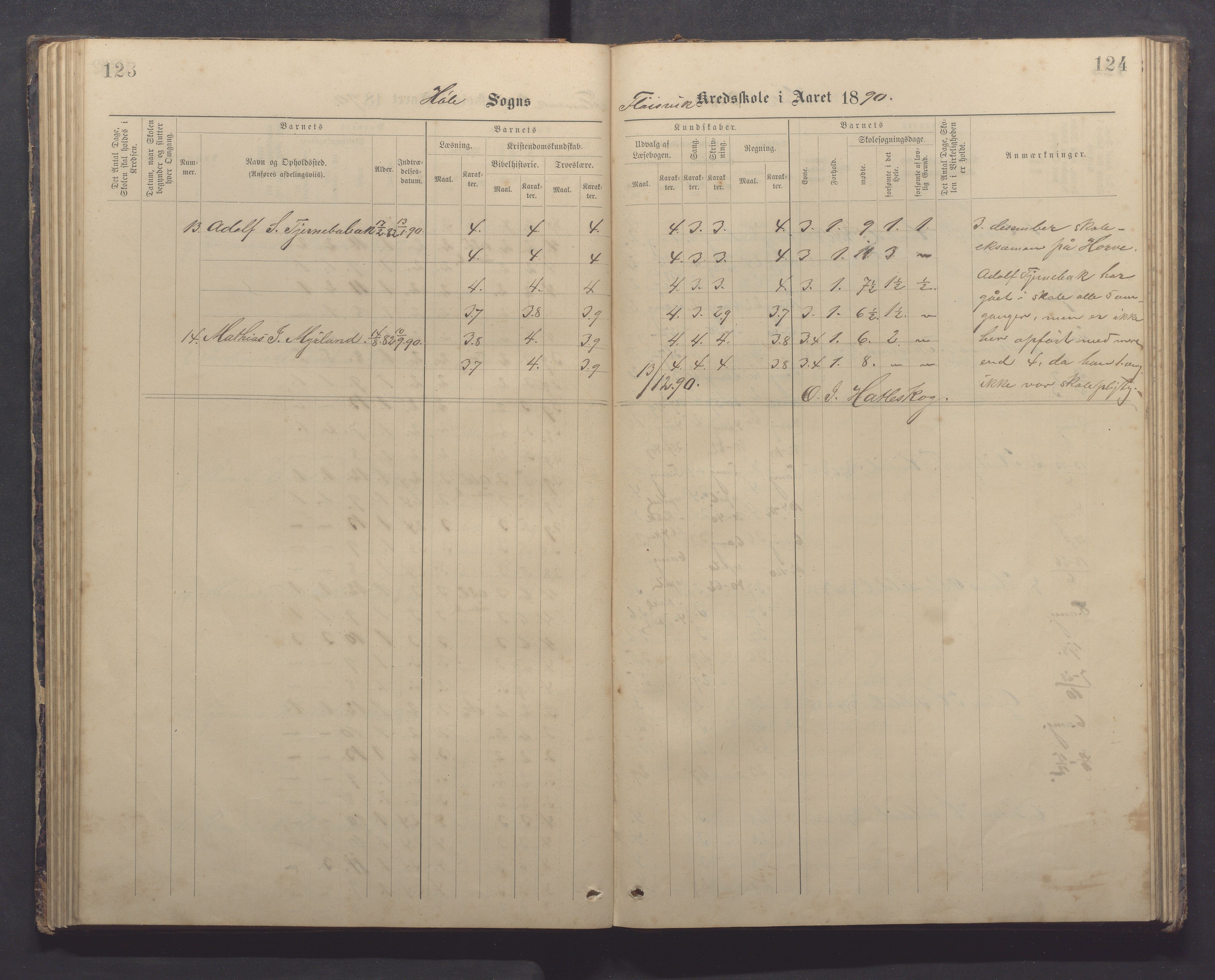 Høle kommune - Tengesdal skole, IKAR/K-100033/F/L0001: Skoleprotokoll, 1884-1893, p. 123-124