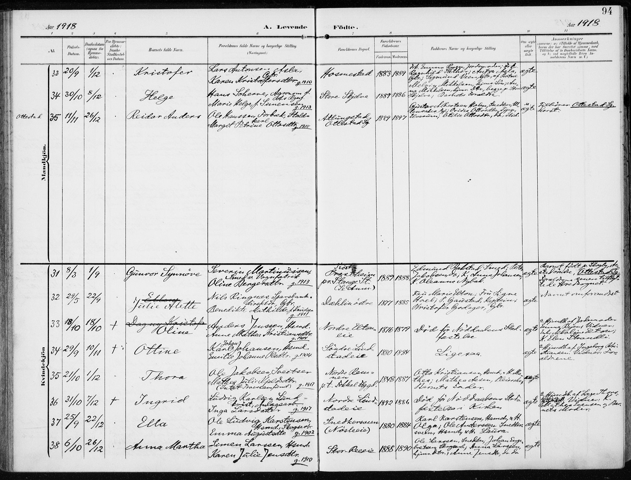 Stange prestekontor, AV/SAH-PREST-002/K/L0024: Parish register (official) no. 24, 1906-1922, p. 94