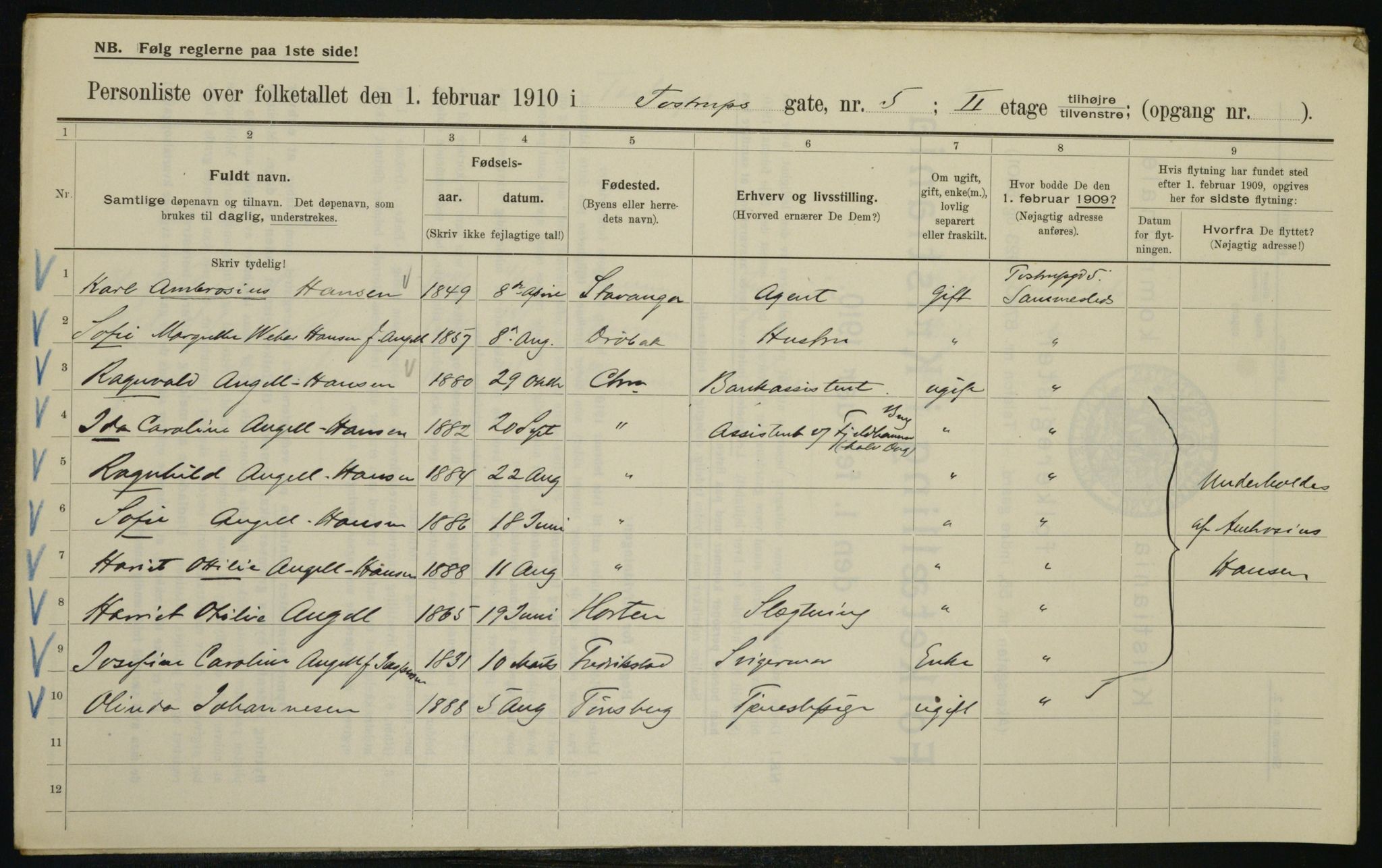 OBA, Municipal Census 1910 for Kristiania, 1910, p. 109392