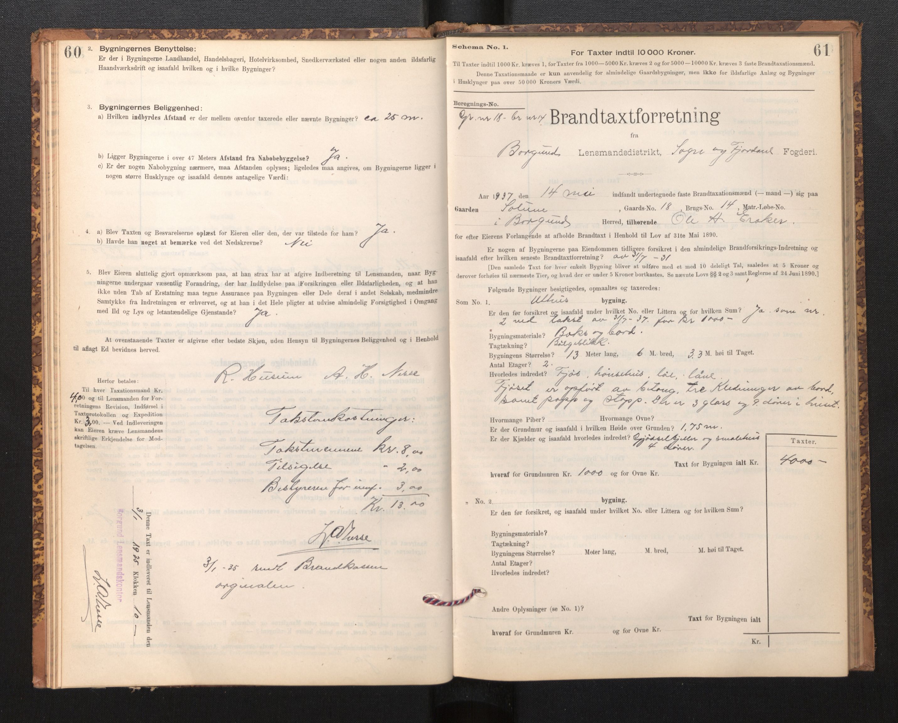 Lensmannen i Borgund, SAB/A-26601/0012/L0003: Branntakstprotokoll, skjematakst, 1903-1937, p. 60-61