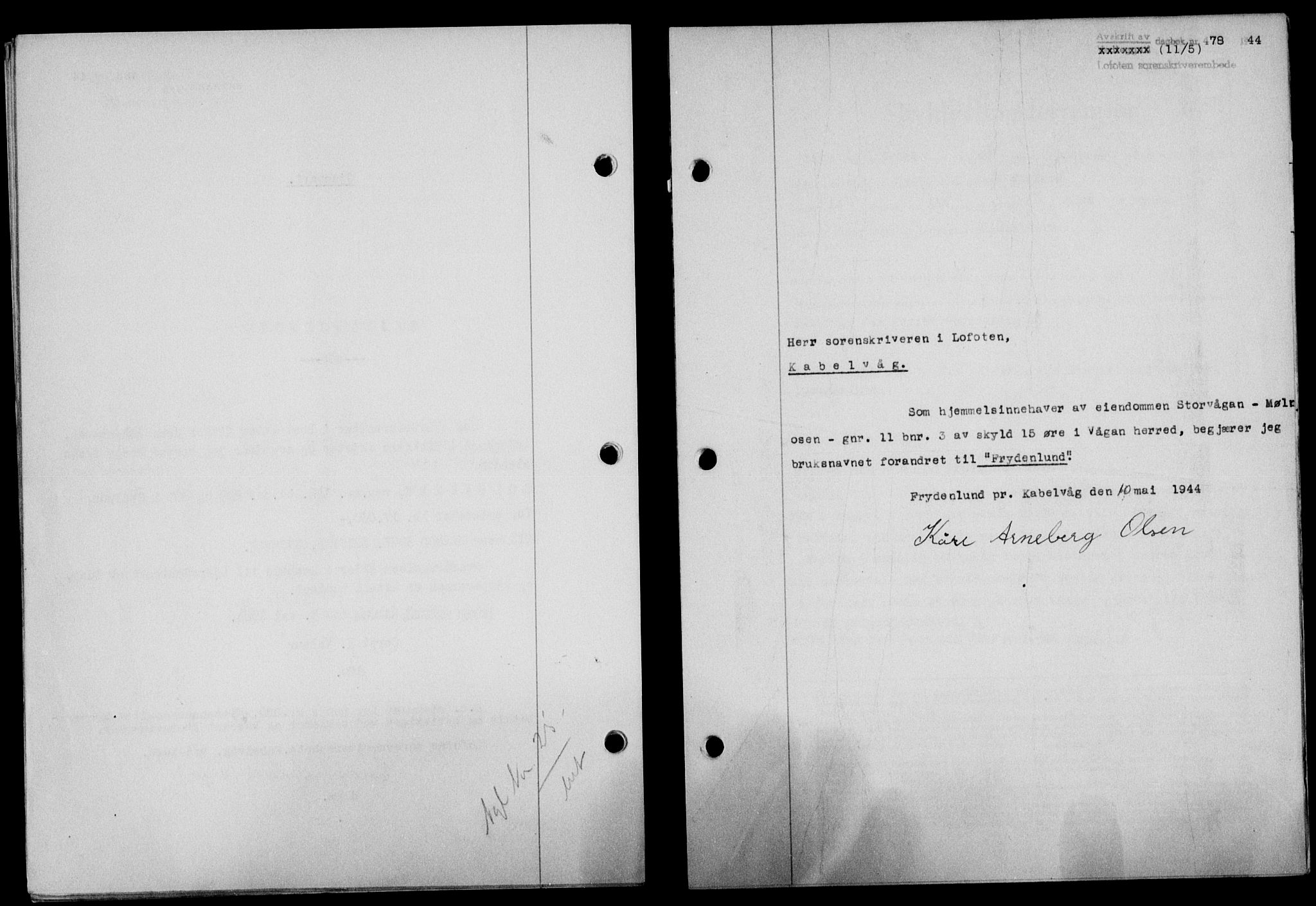 Lofoten sorenskriveri, SAT/A-0017/1/2/2C/L0012a: Mortgage book no. 12a, 1943-1944, Diary no: : 478/1944