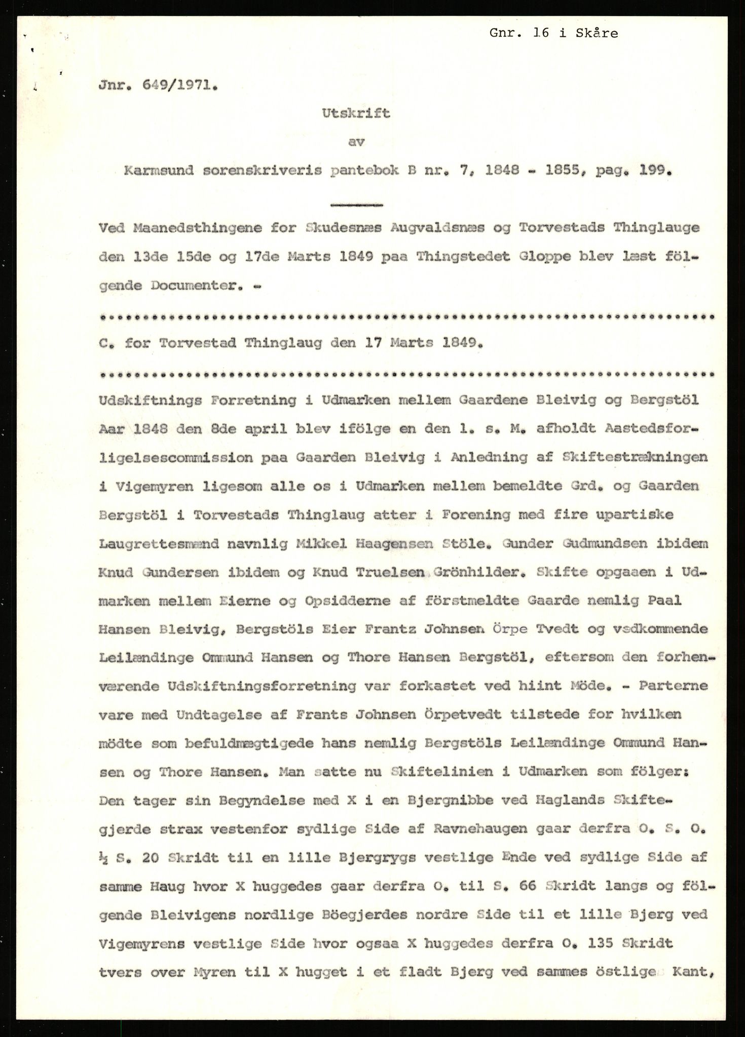 Statsarkivet i Stavanger, AV/SAST-A-101971/03/Y/Yj/L0007: Avskrifter sortert etter gårdsnavn: Berekvam - Birkeland, 1750-1930, p. 313