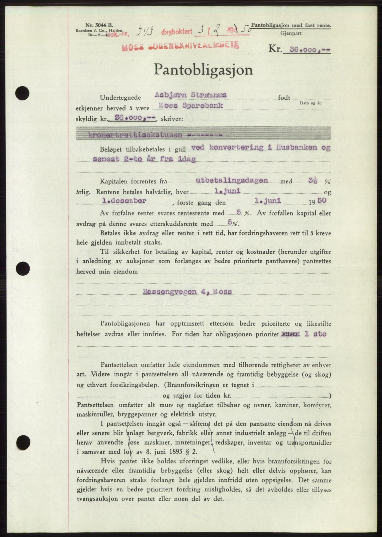 Moss sorenskriveri, SAO/A-10168: Mortgage book no. B23, 1949-1950, Diary no: : 343/1950