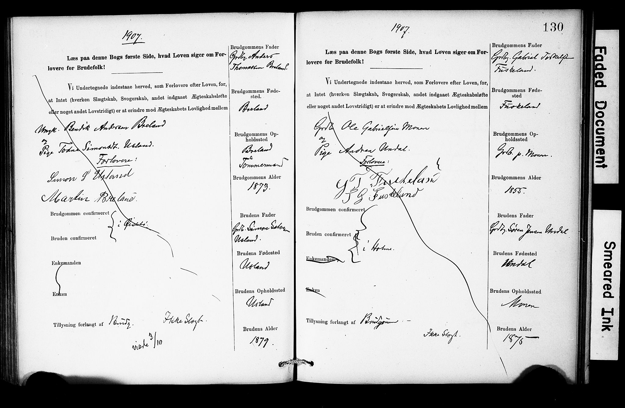 Holum sokneprestkontor, AV/SAK-1111-0022/F/Fe/L0004: Banns register no. II 5 4, 1890-1914, p. 130