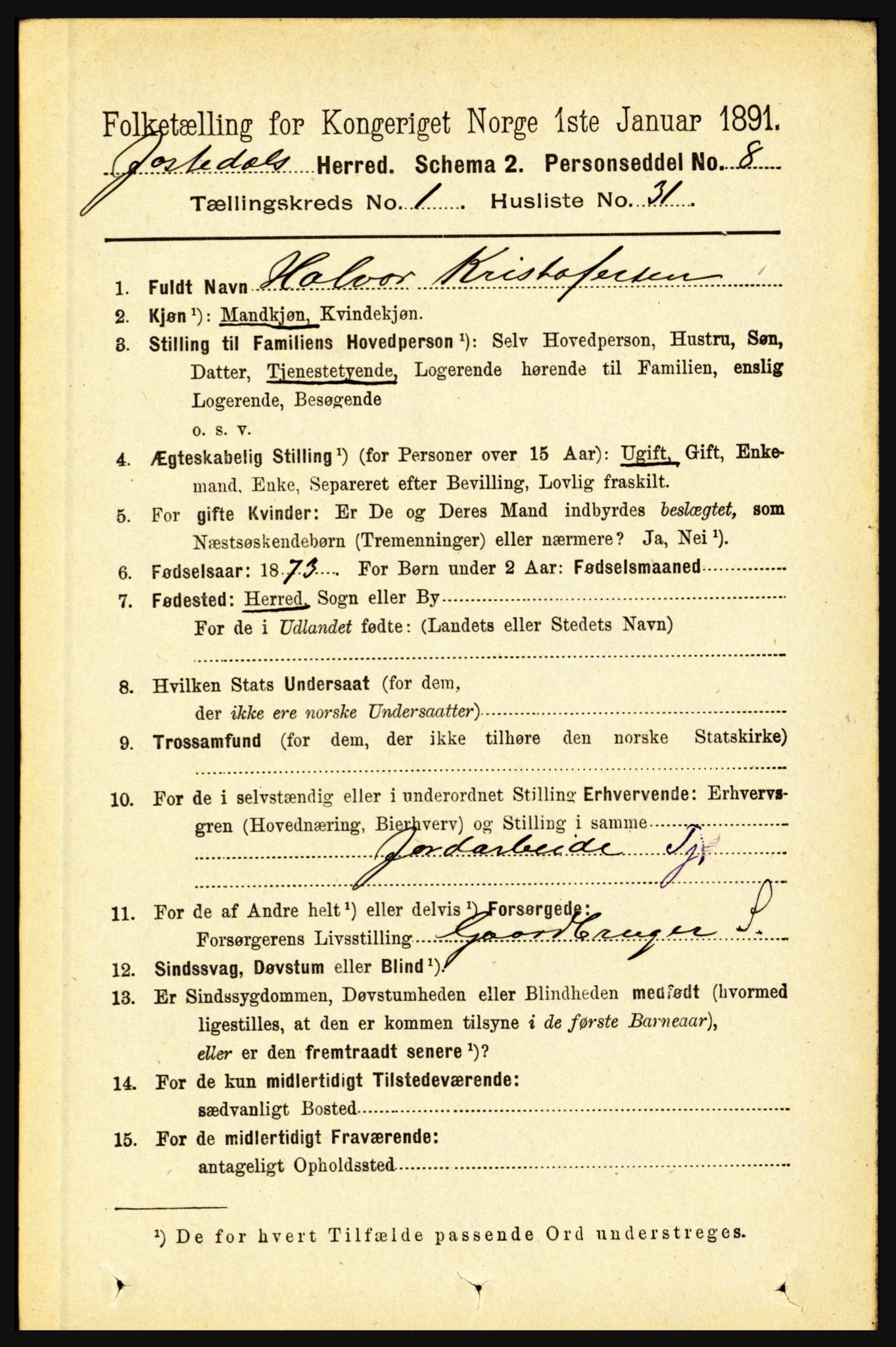 RA, 1891 census for 1427 Jostedal, 1891, p. 301