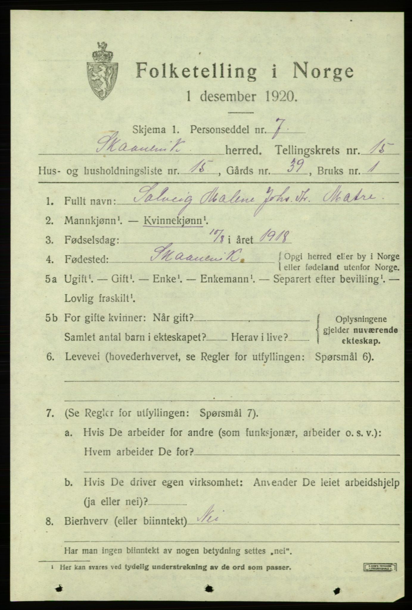 SAB, 1920 census for Skånevik, 1920, p. 6327