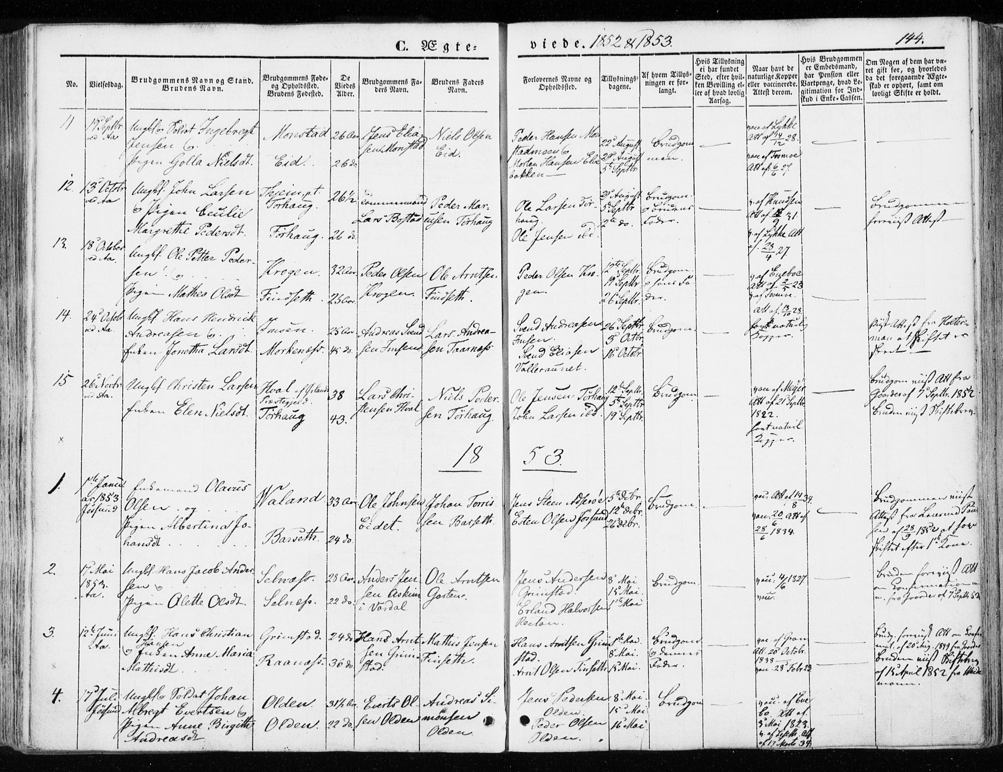 Ministerialprotokoller, klokkerbøker og fødselsregistre - Sør-Trøndelag, SAT/A-1456/655/L0677: Parish register (official) no. 655A06, 1847-1860, p. 144