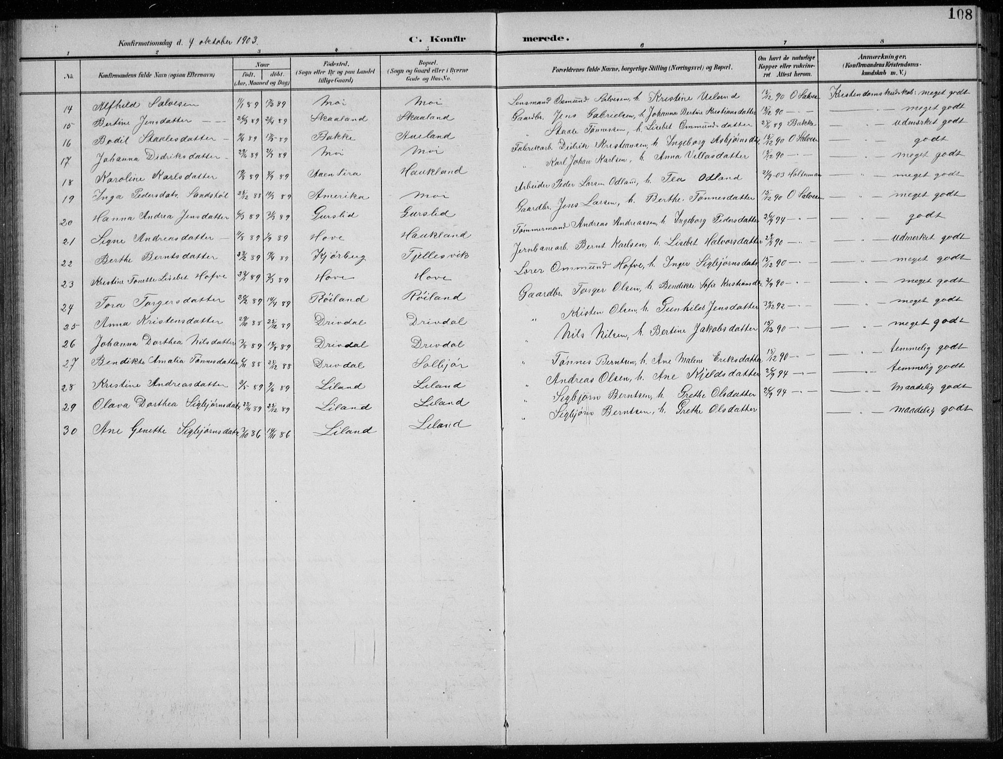 Lund sokneprestkontor, AV/SAST-A-101809/S07/L0008: Parish register (copy) no. B 8, 1902-1936, p. 108