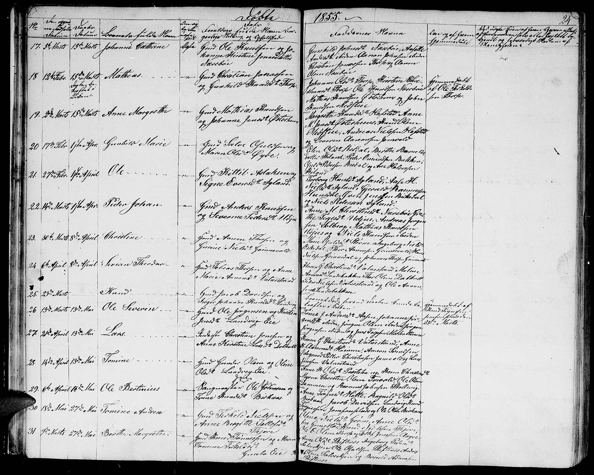 Hommedal sokneprestkontor, AV/SAK-1111-0023/F/Fb/Fbb/L0005: Parish register (copy) no. B 5, 1850-1869, p. 24