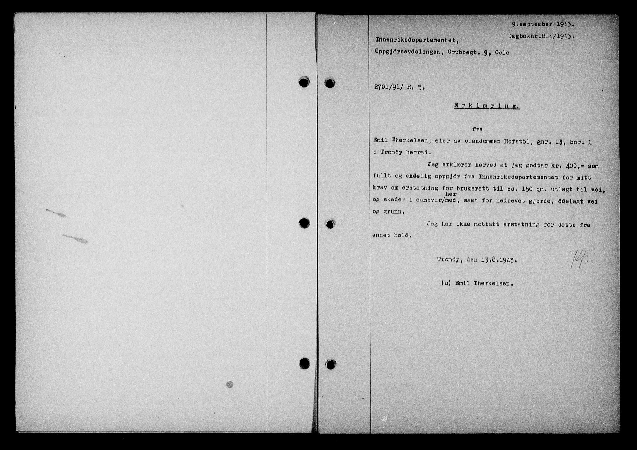 Nedenes sorenskriveri, SAK/1221-0006/G/Gb/Gba/L0051: Mortgage book no. A-V, 1943-1944, Diary no: : 814/1943